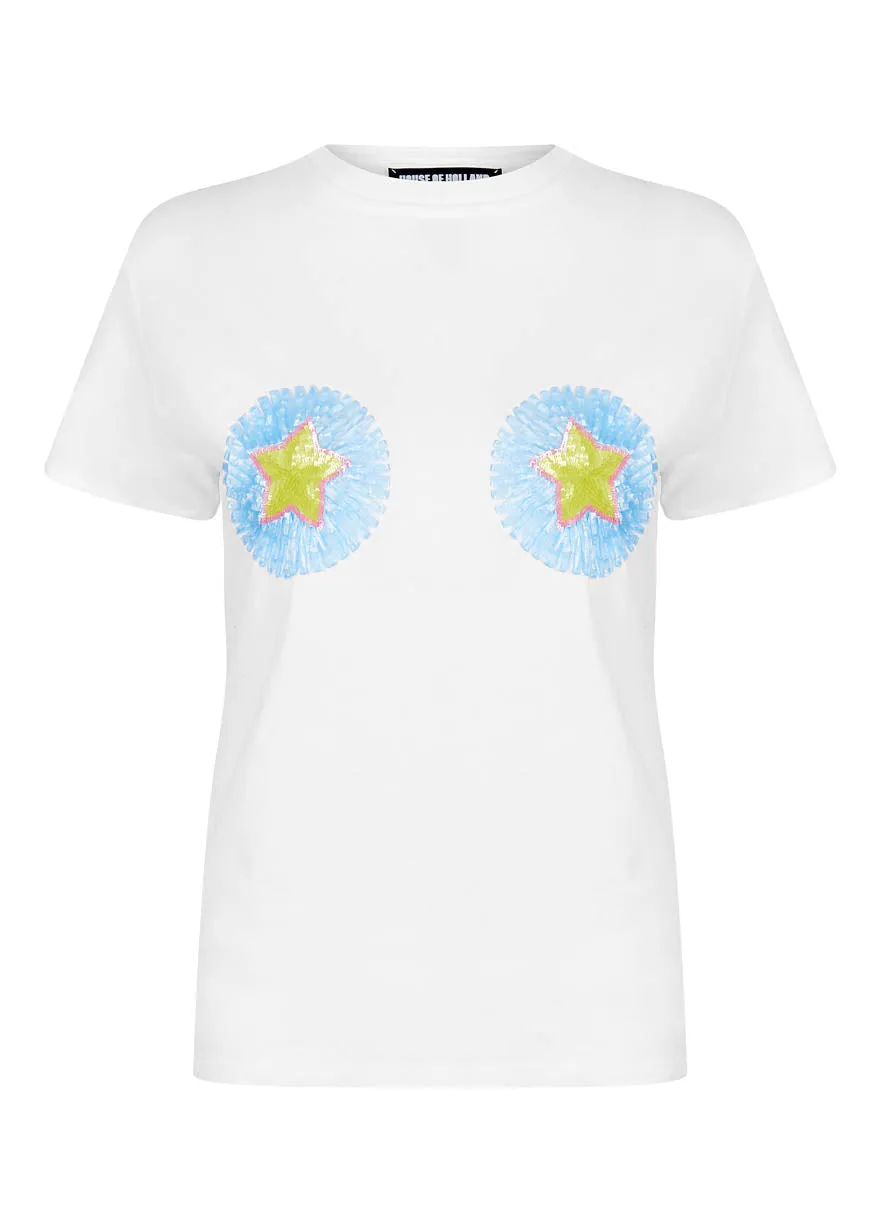 House of Holland Raffia Embellished Star White T-Shirt