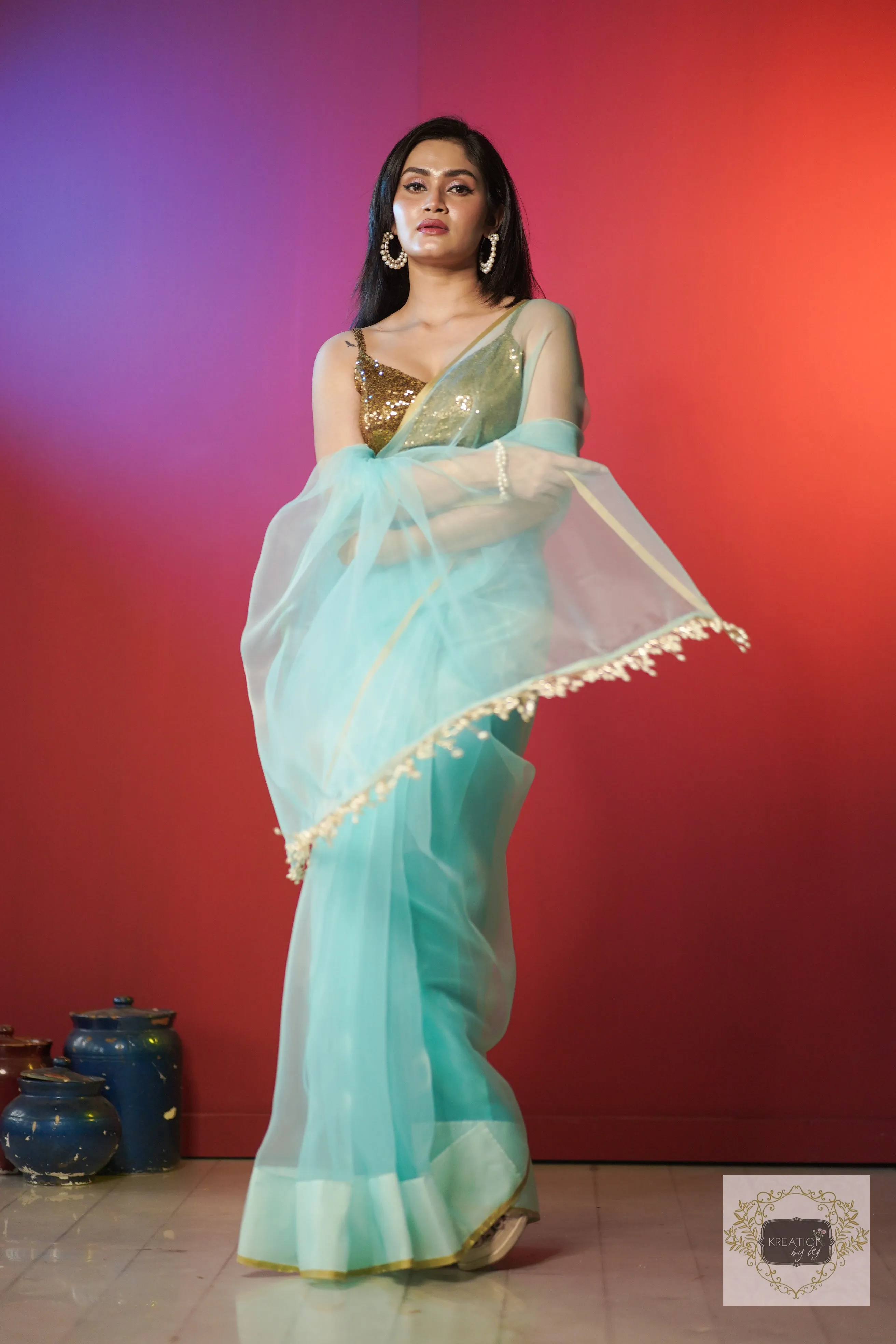 Ice Blue Organza Saree With Handmade Tassels On Pallu