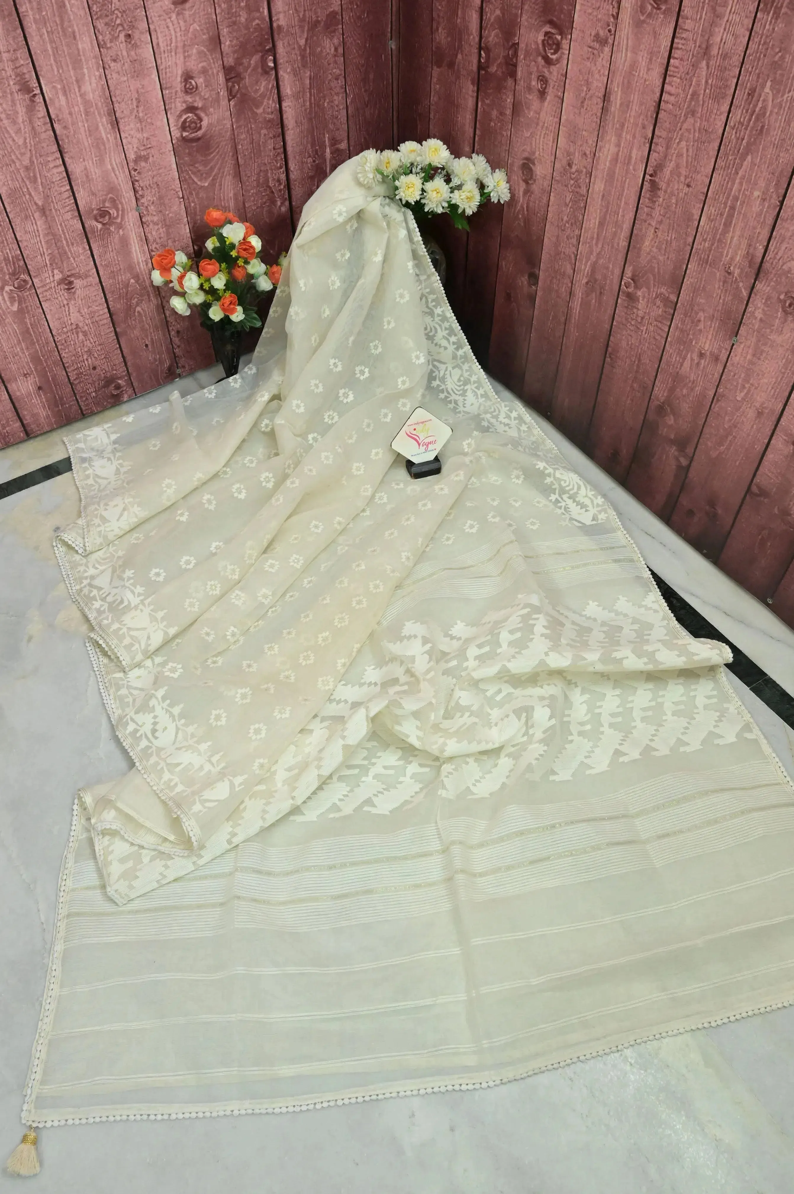 Ivory White Color Bangladeshi Jamdani with Lace Work and Tassels