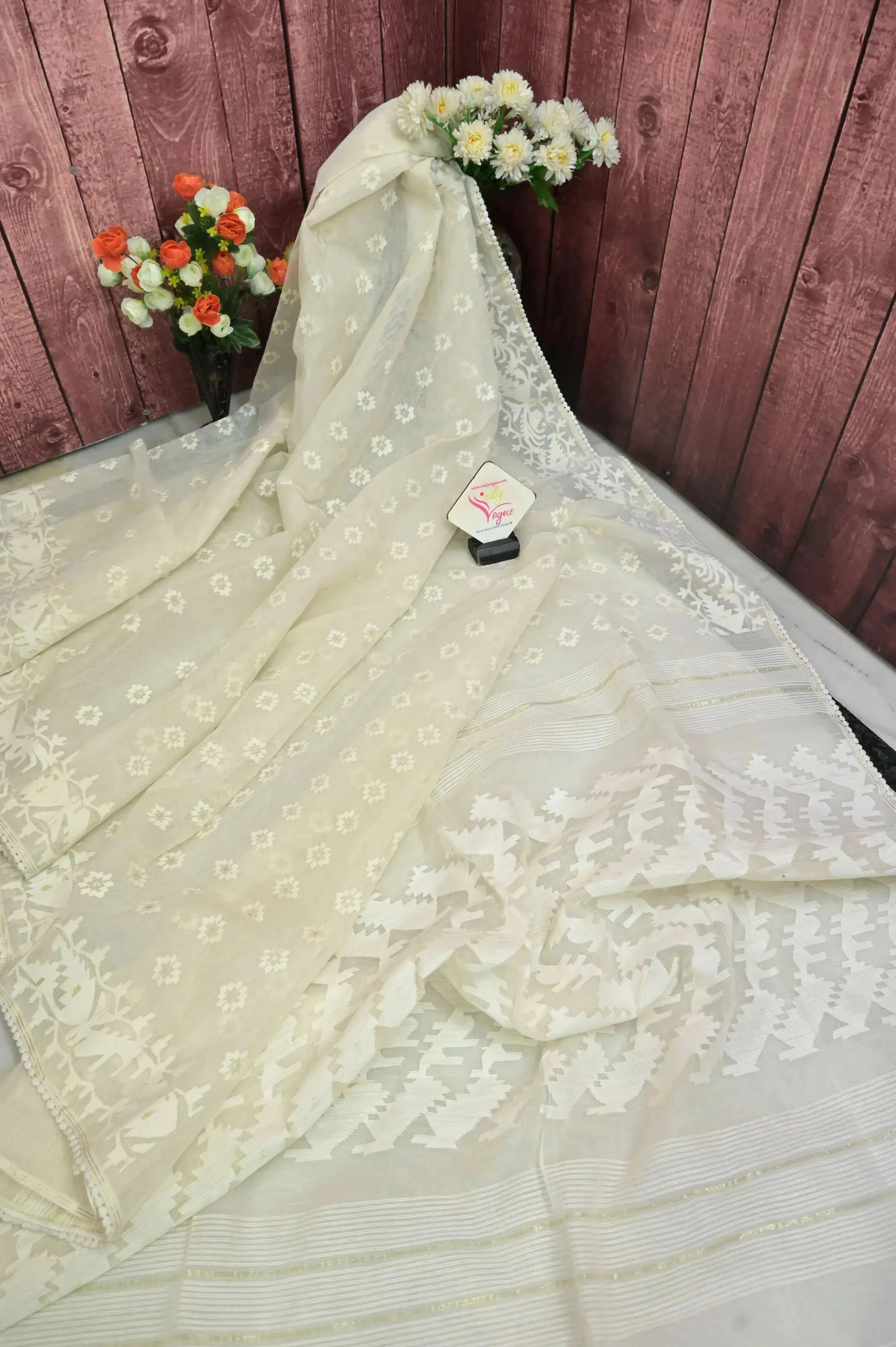 Ivory White Color Bangladeshi Jamdani with Lace Work and Tassels