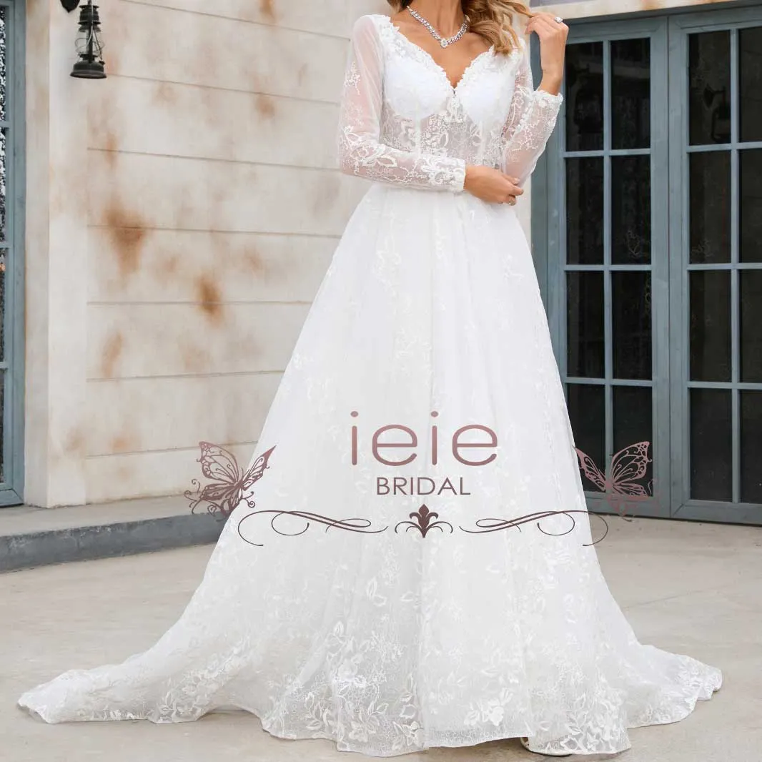 Lace A-line Wedding Dress with Long Sleeves X1004