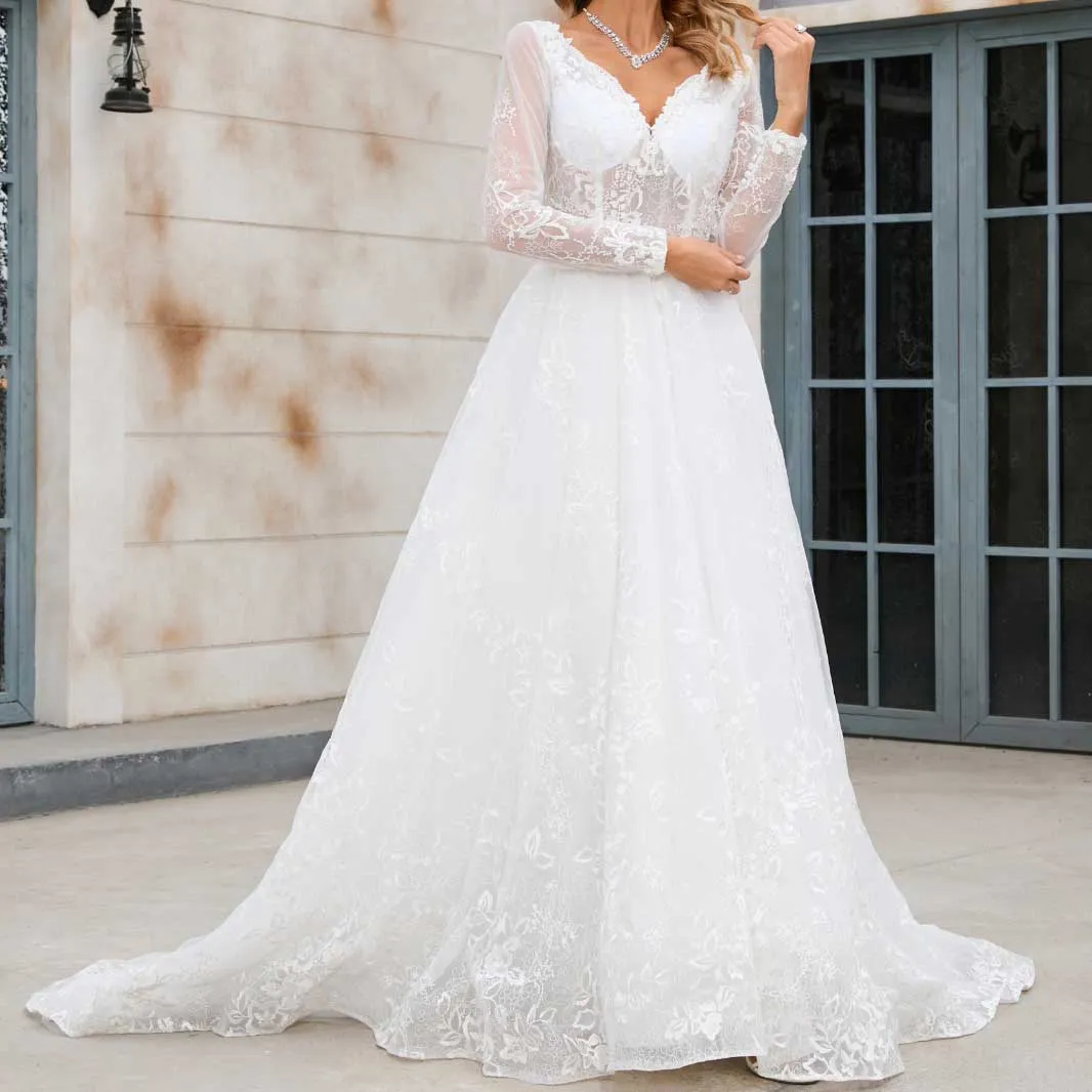 Lace A-line Wedding Dress with Long Sleeves X1004