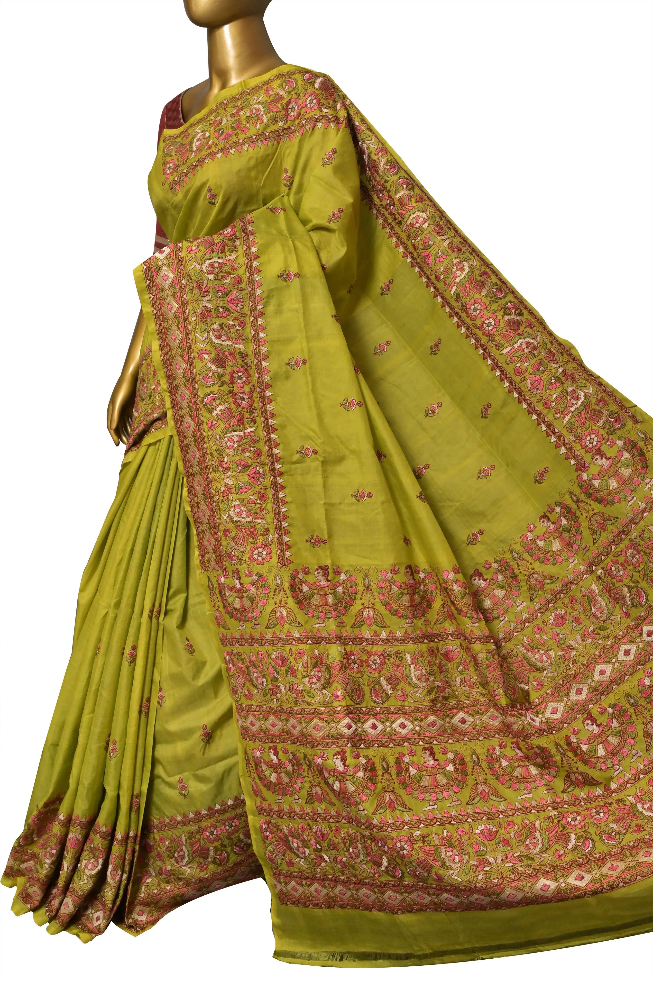 Leaf Green Color Pure Bangalore Silk Saree with Madhubani Style Embroidery