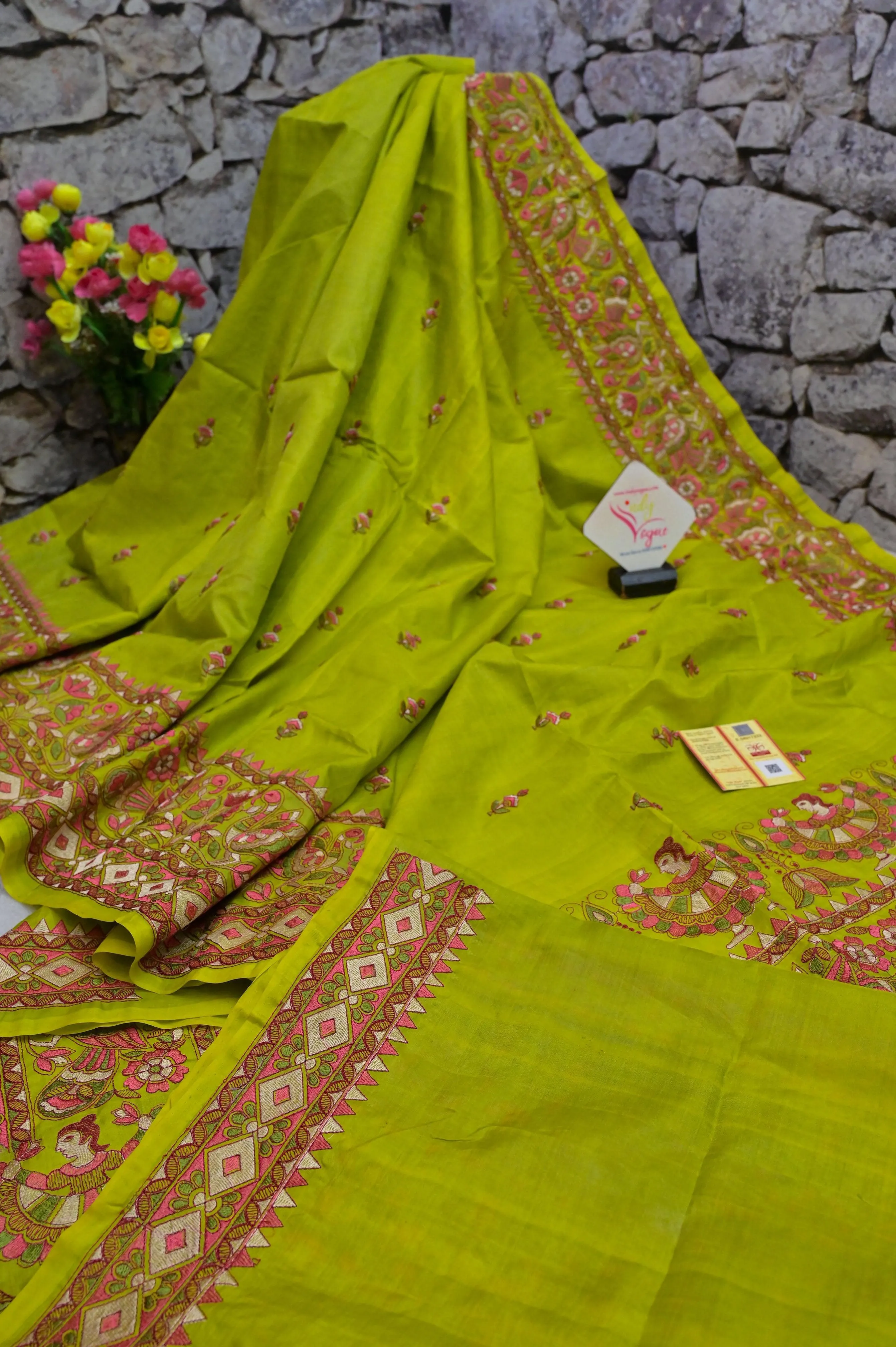 Leaf Green Color Pure Bangalore Silk Saree with Madhubani Style Embroidery