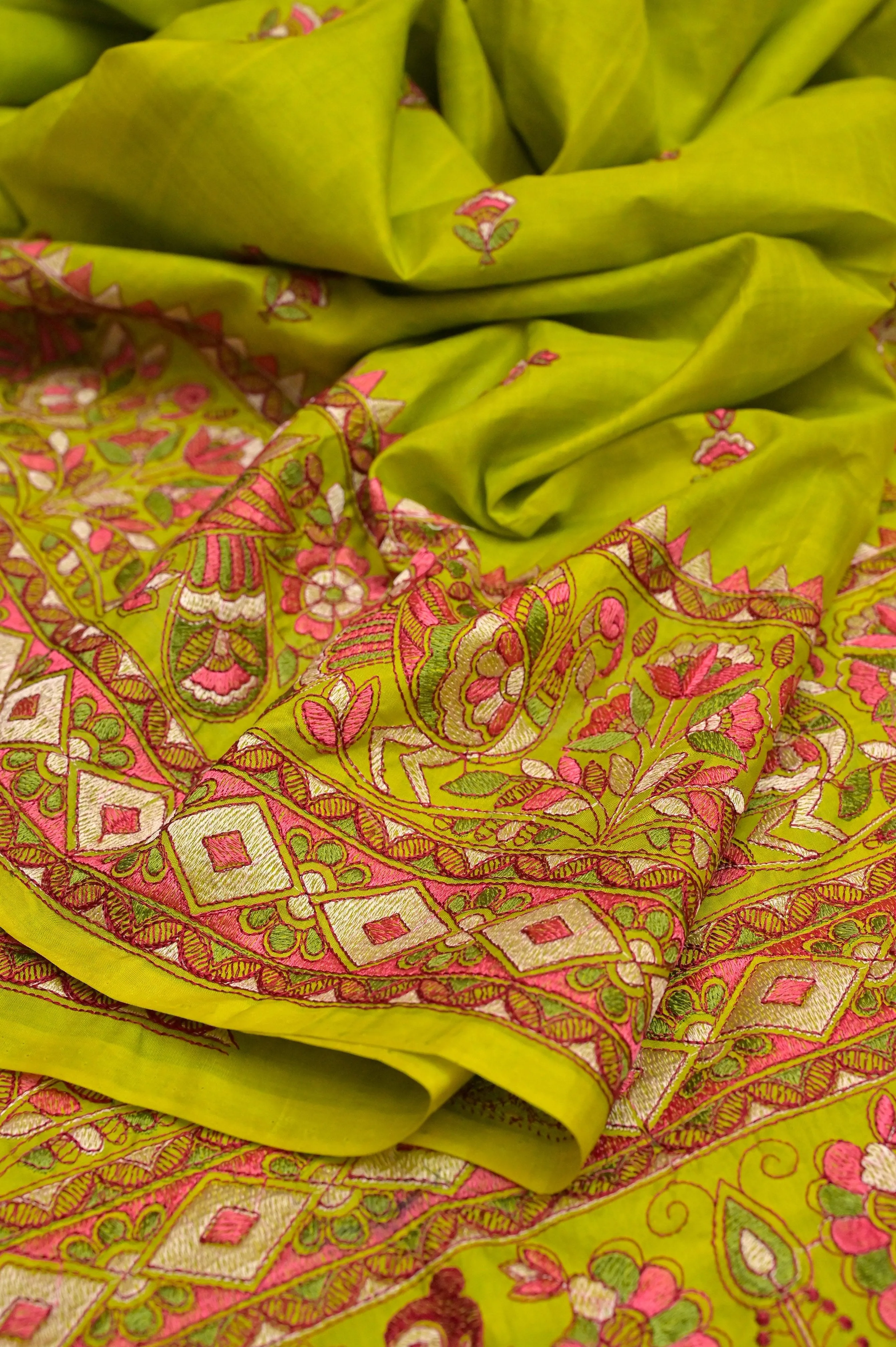 Leaf Green Color Pure Bangalore Silk Saree with Madhubani Style Embroidery