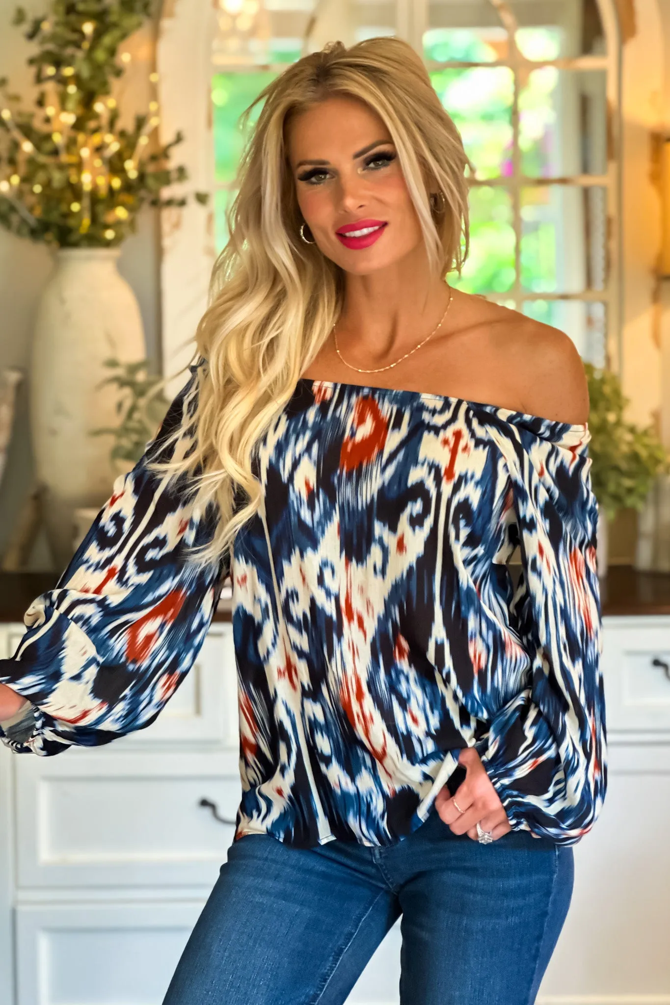 Liverpool Tonya Square Neck 3/4 Sleeve Blouse : Blue/Rust