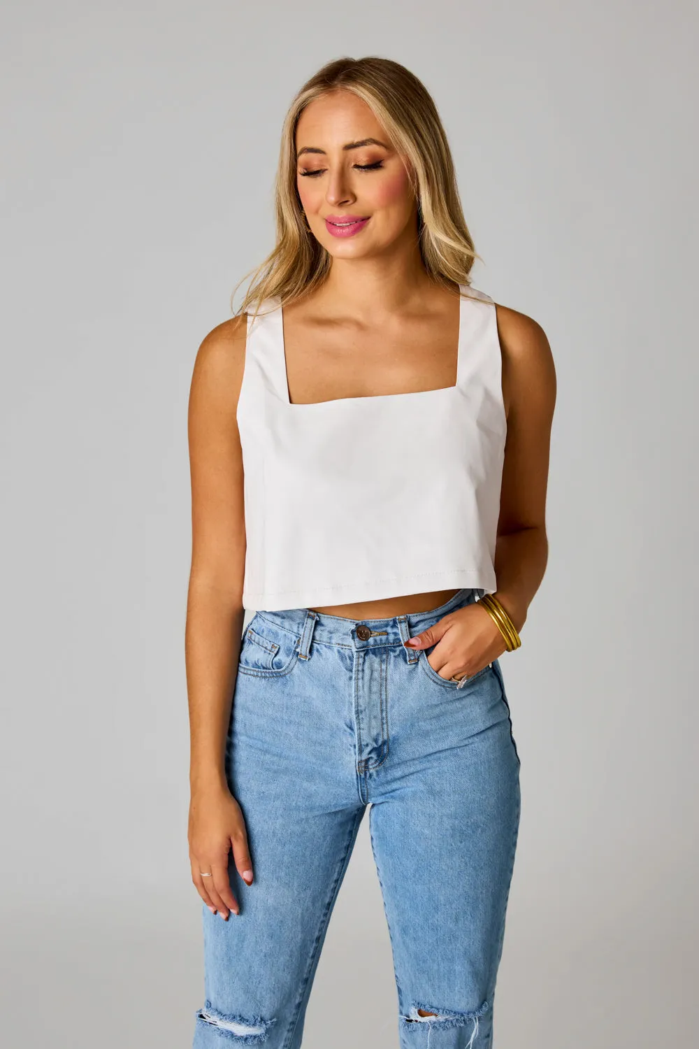 Manning Vegan Leather Cropped Tank Top - Powder