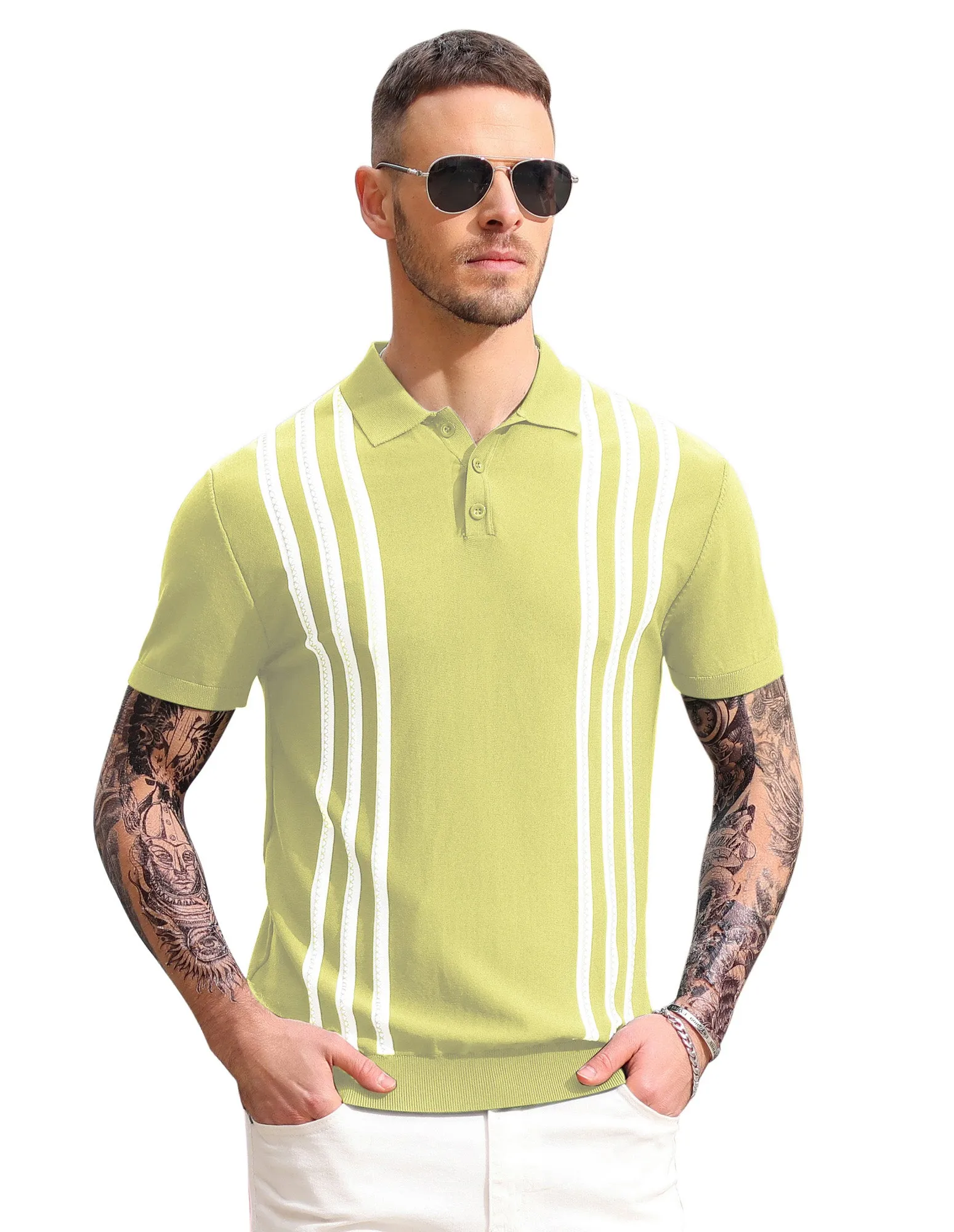 Men's Vintage Stripe Knitted Polo Shirts Short Sleeve Pullover Golf Knit Mens Polo Shirt