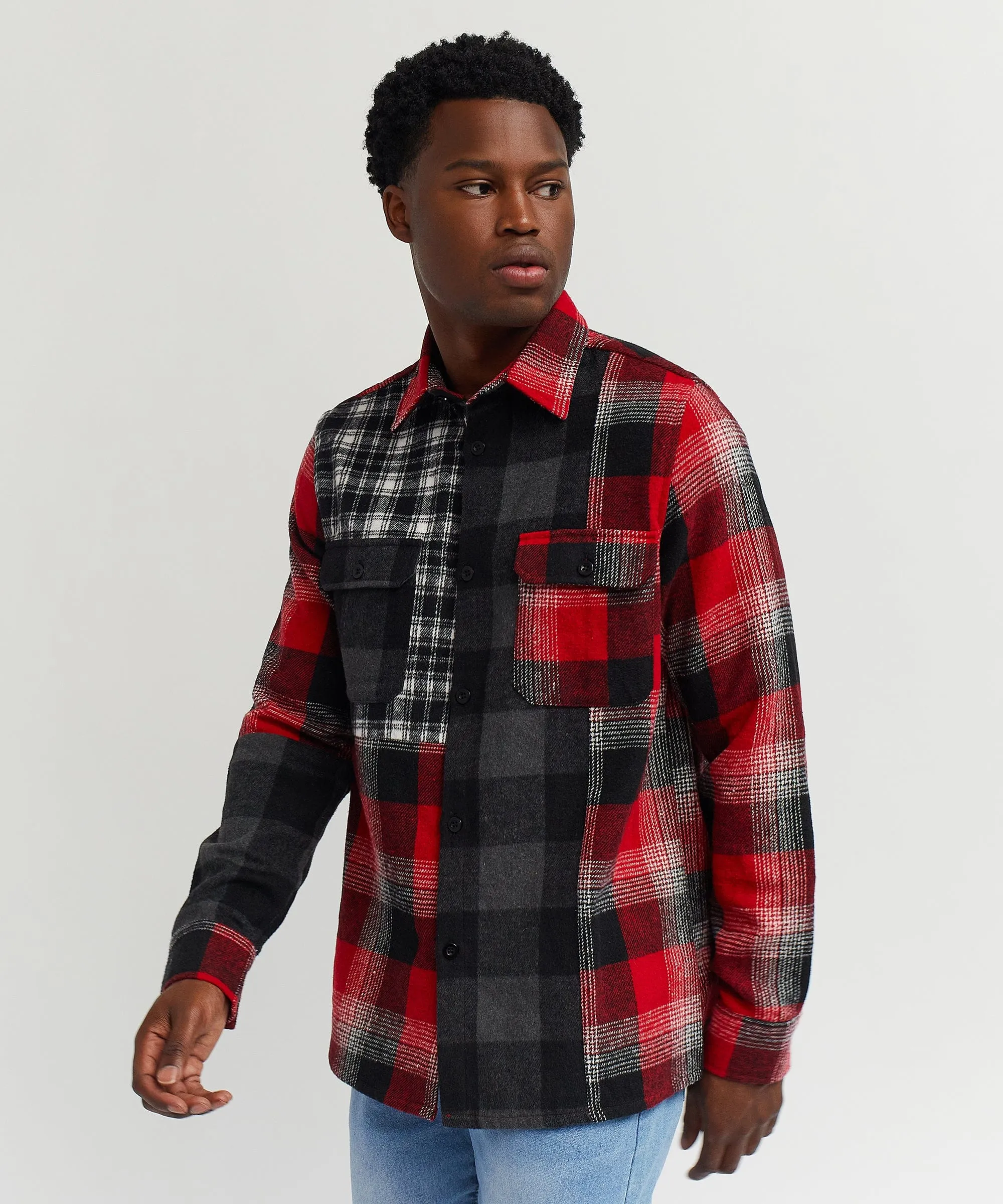 Multi Panel Checkered Overshirt - Red