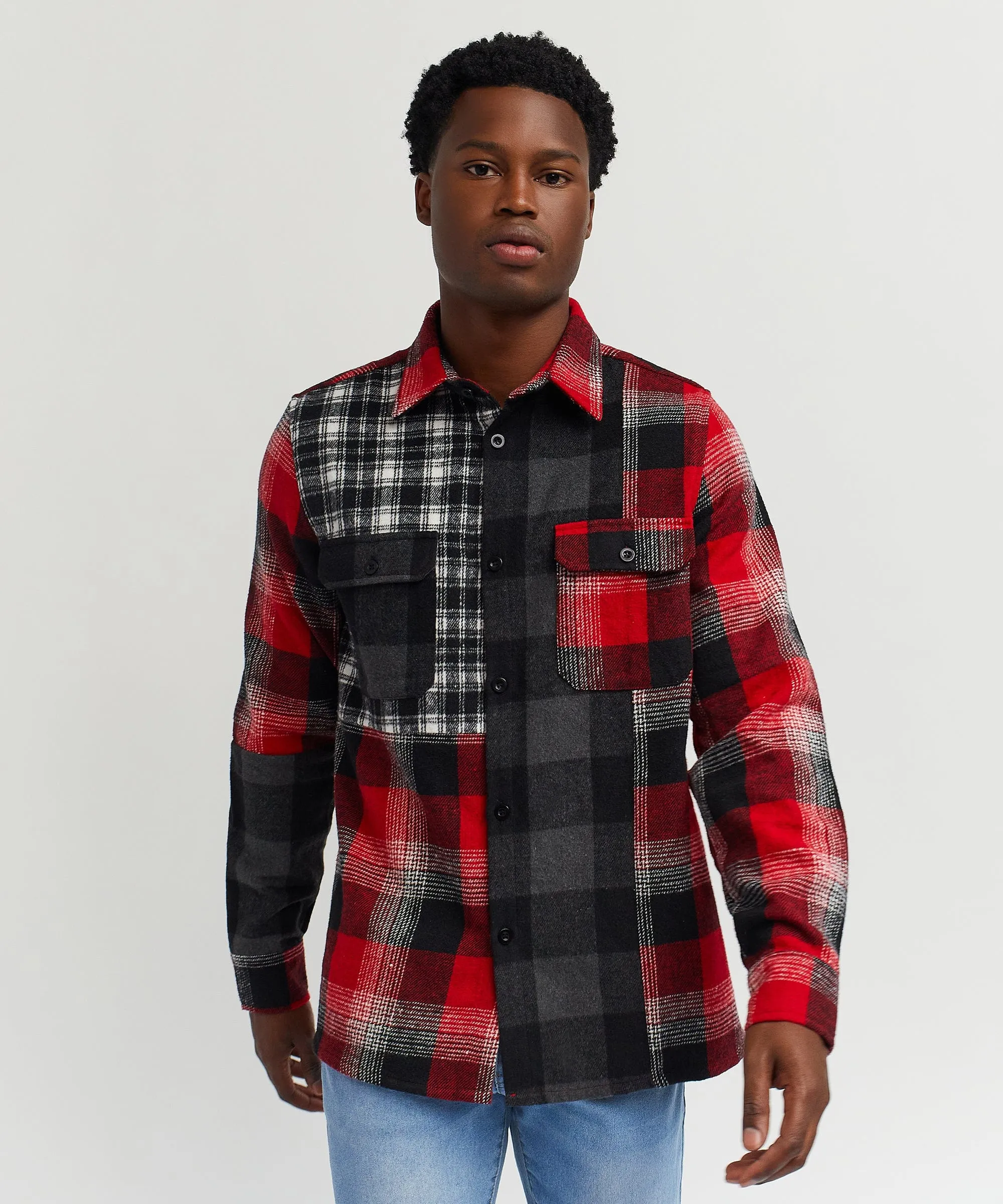 Multi Panel Checkered Overshirt - Red