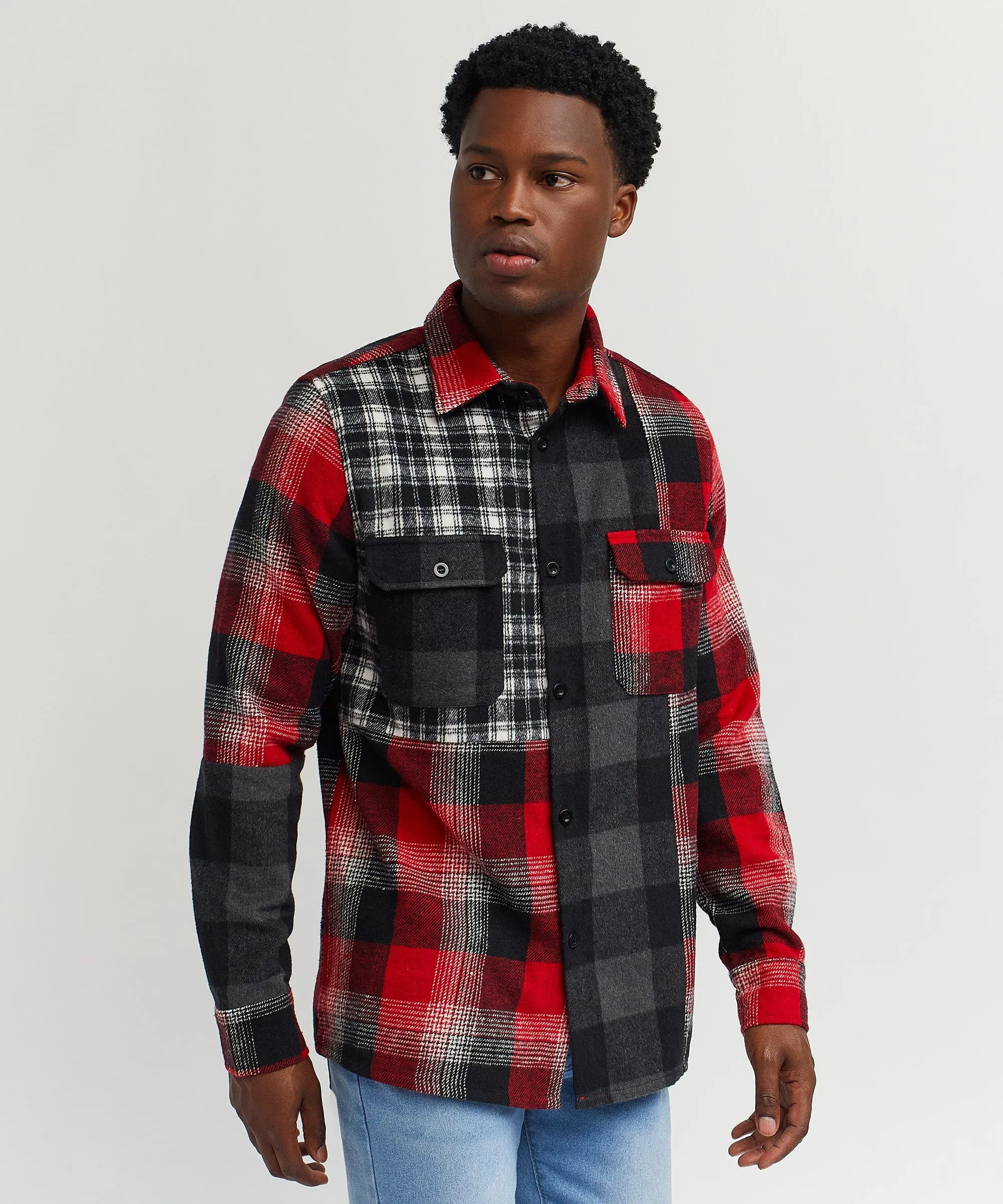 Multi Panel Checkered Overshirt - Red