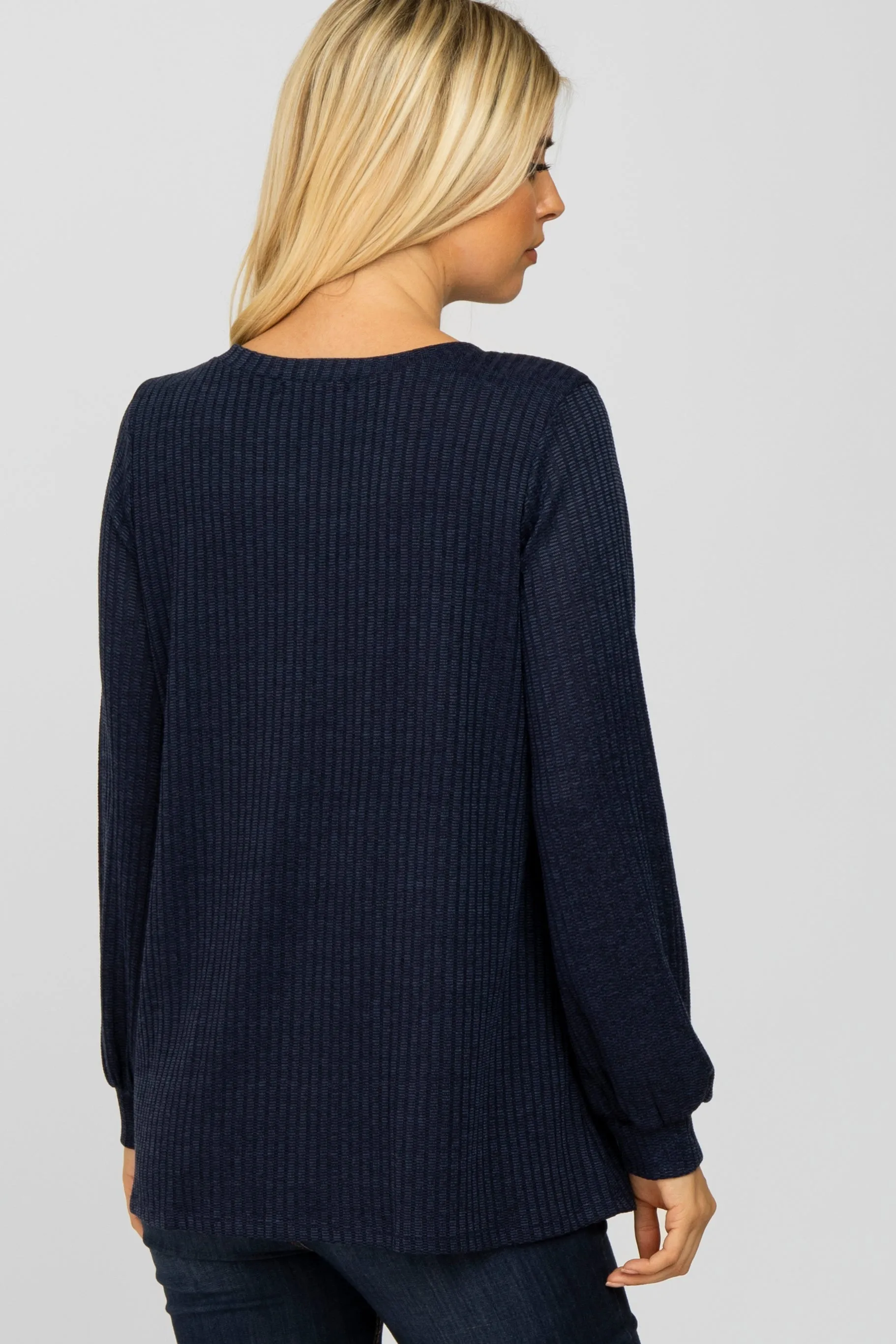 Navy Textured Knit Babydoll Long Sleeve Top