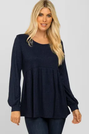 Navy Textured Knit Babydoll Long Sleeve Top