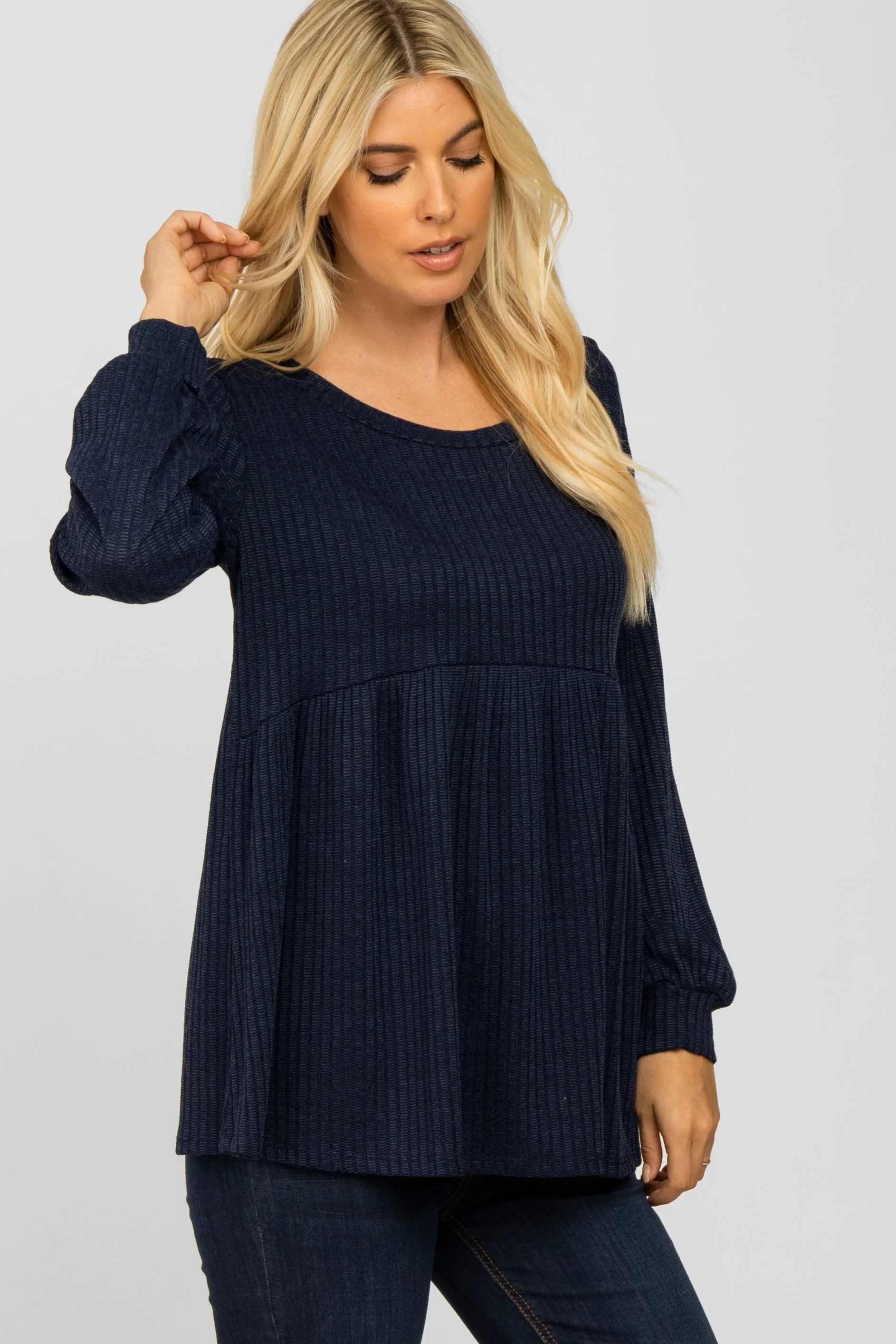 Navy Textured Knit Babydoll Long Sleeve Top