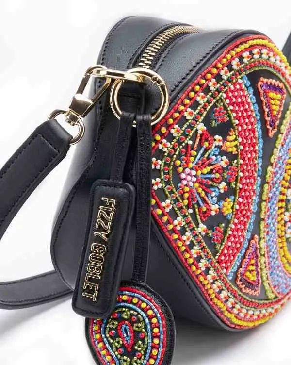 NEO Shoulder Bag Leather : Black (With Colourful Beads)