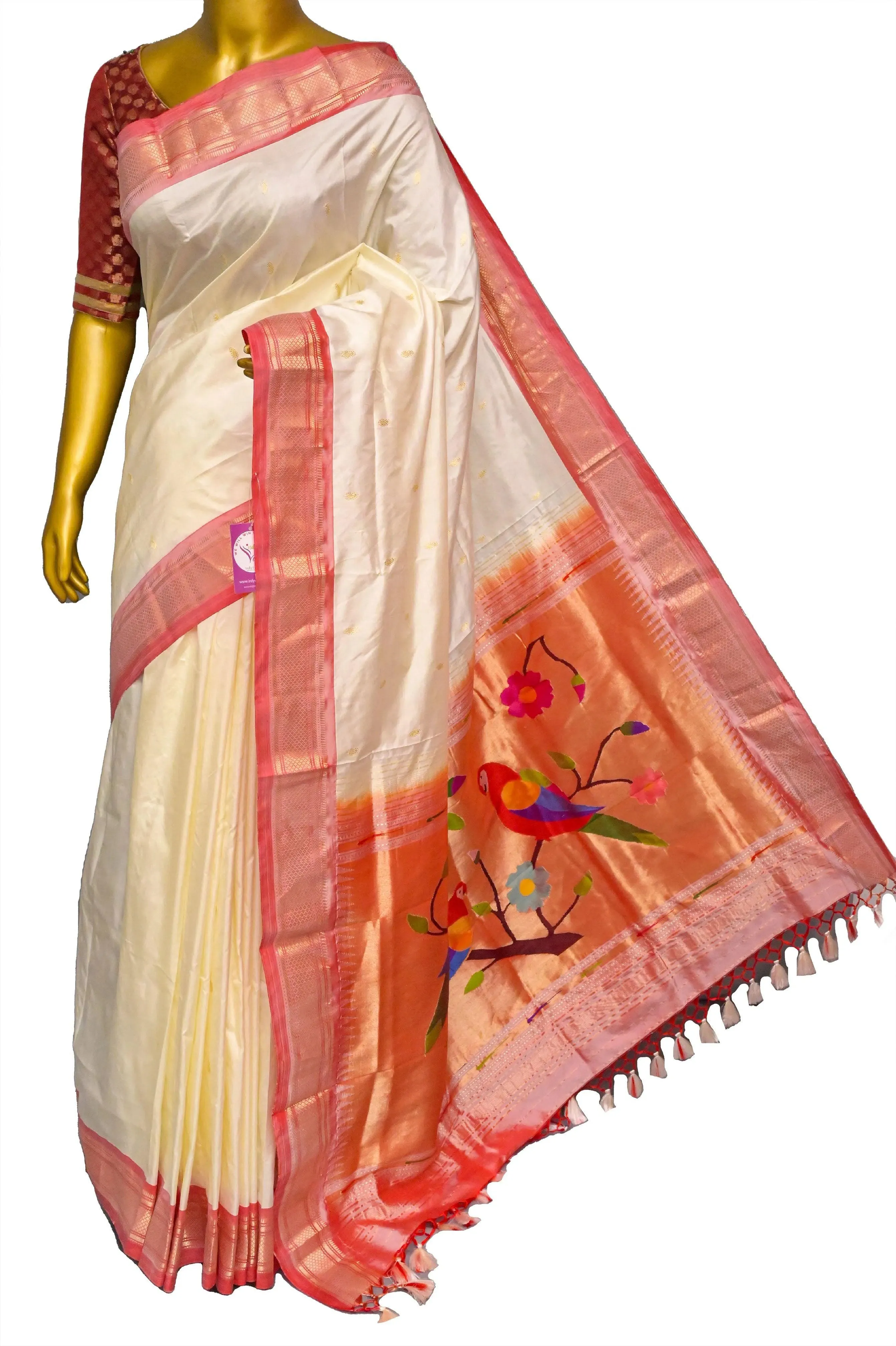 Offwhite Color Pure Yeola Paithani Silk Saree with Golden Buti Work