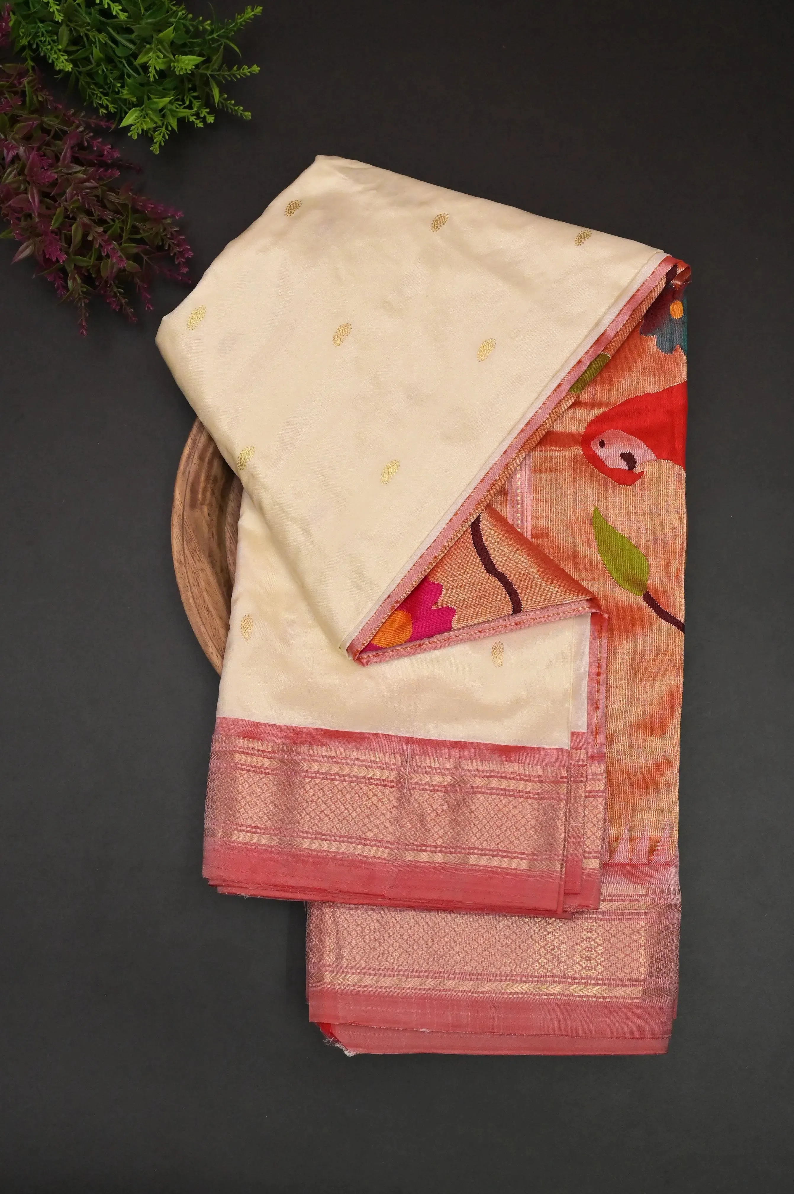 Offwhite Color Pure Yeola Paithani Silk Saree with Golden Buti Work