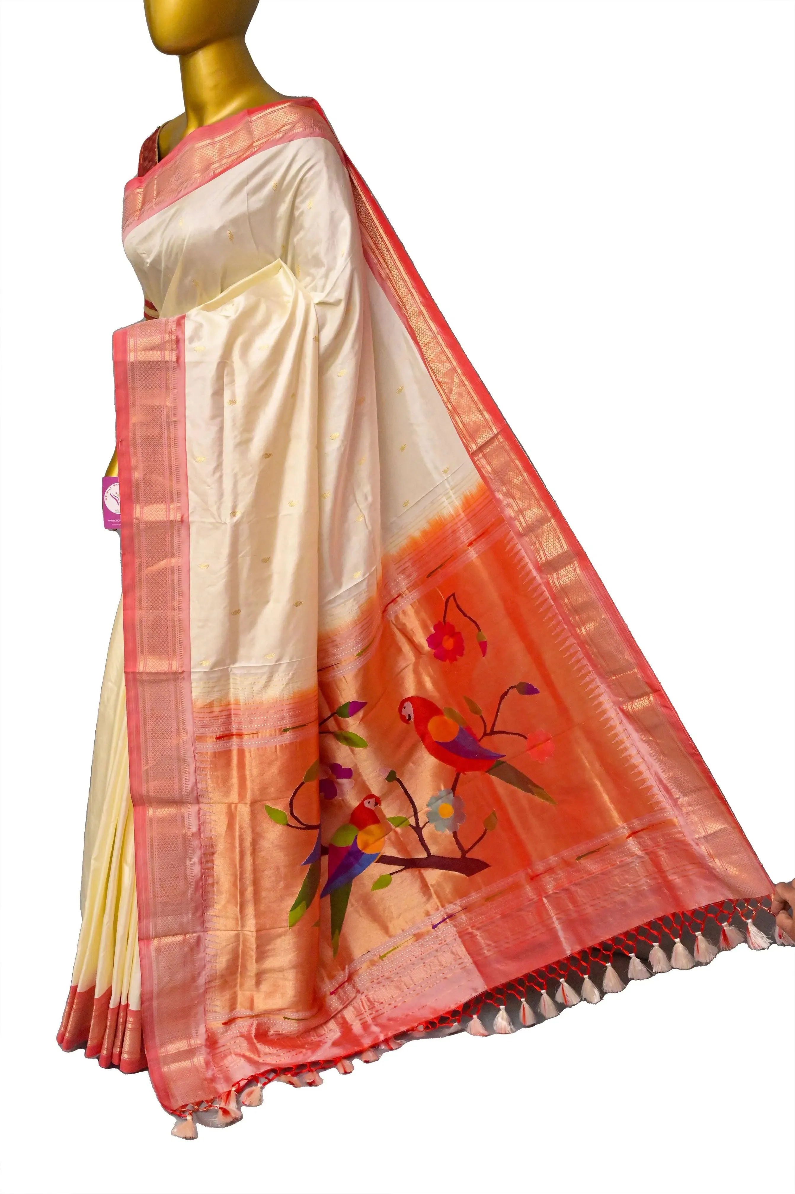 Offwhite Color Pure Yeola Paithani Silk Saree with Golden Buti Work