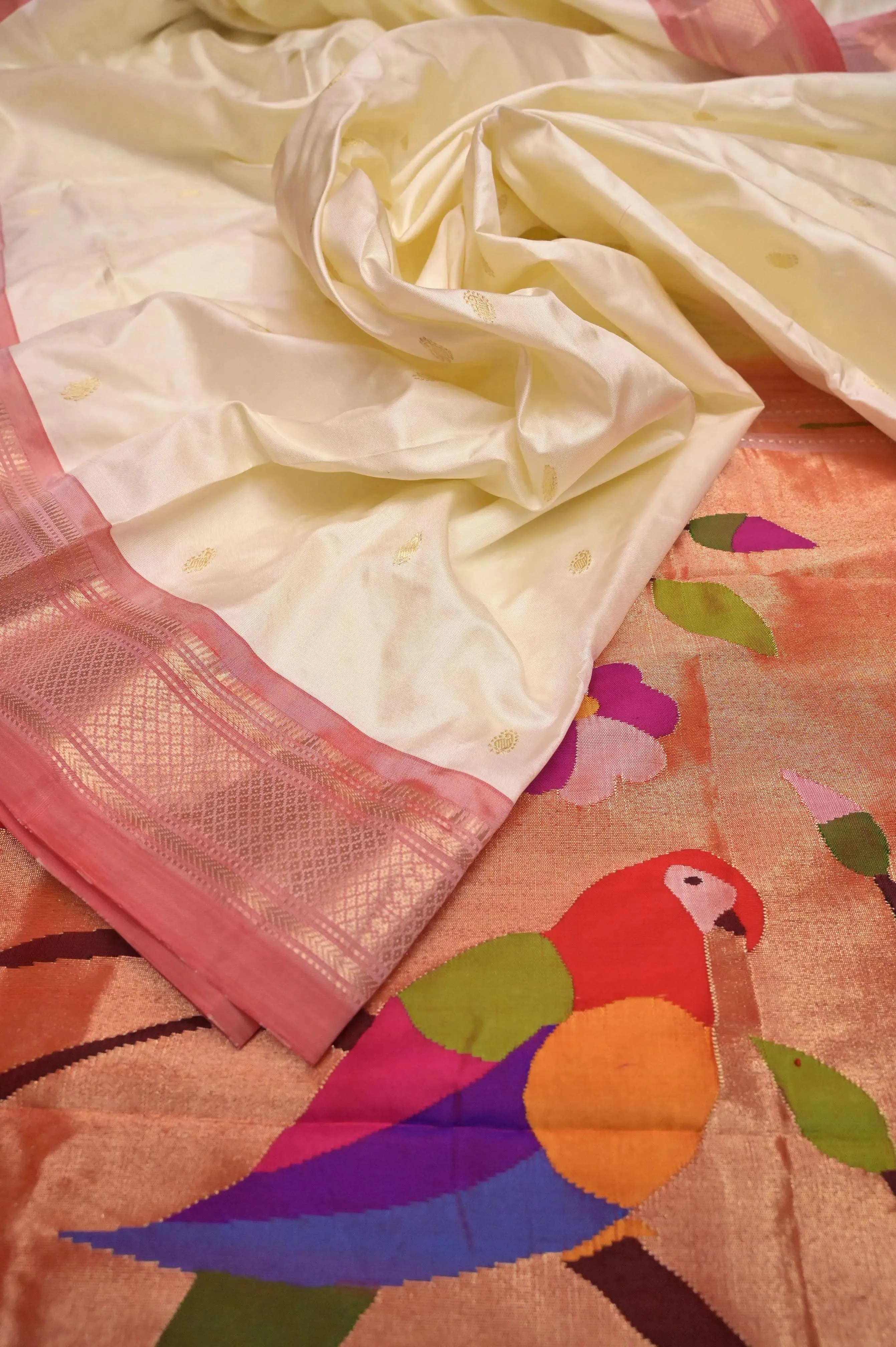 Offwhite Color Pure Yeola Paithani Silk Saree with Golden Buti Work