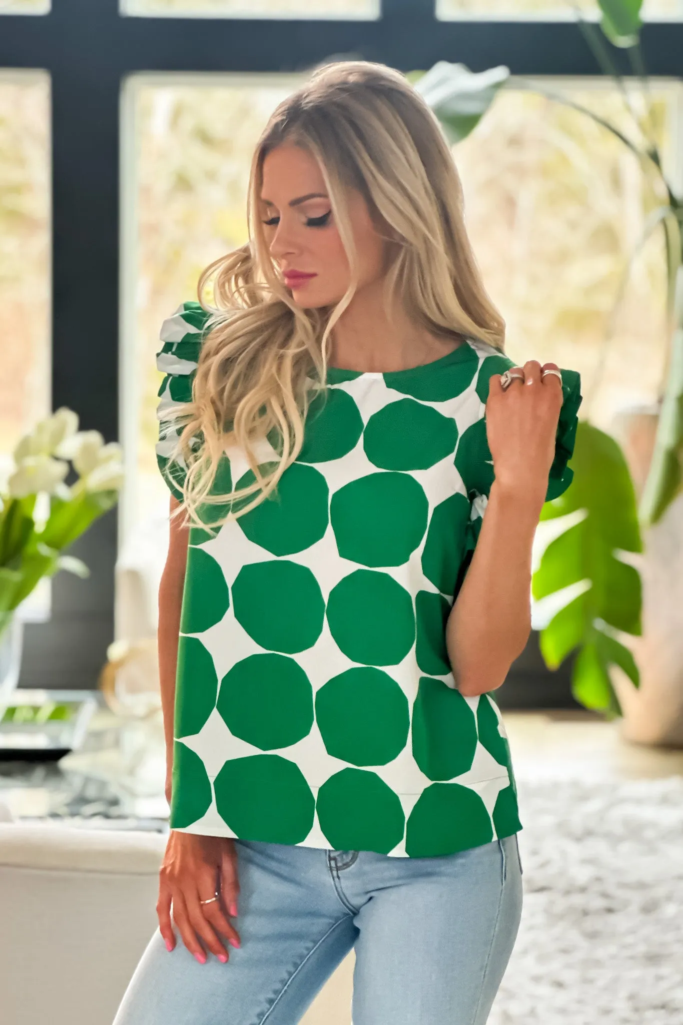 On the Dot Short Sleeve Blouse : Green/White