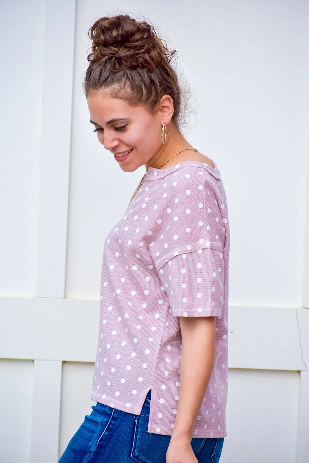 Open My Eyes Light Mauve Polka Dot Top