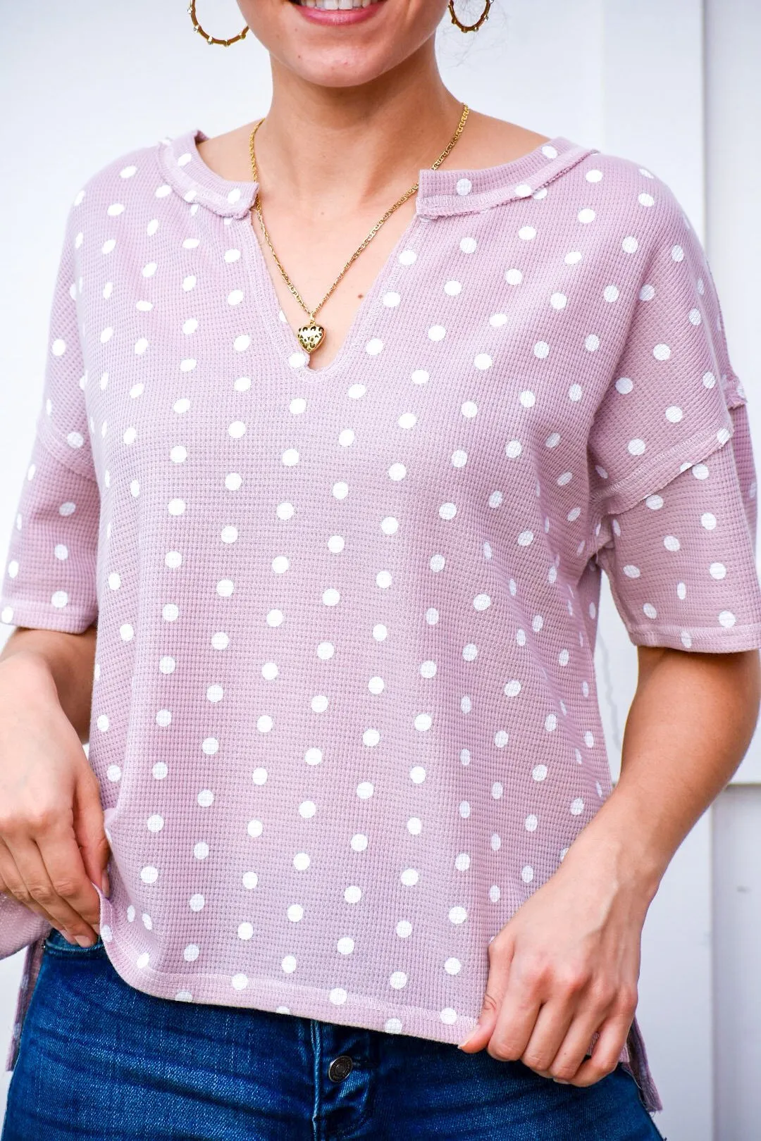 Open My Eyes Light Mauve Polka Dot Top