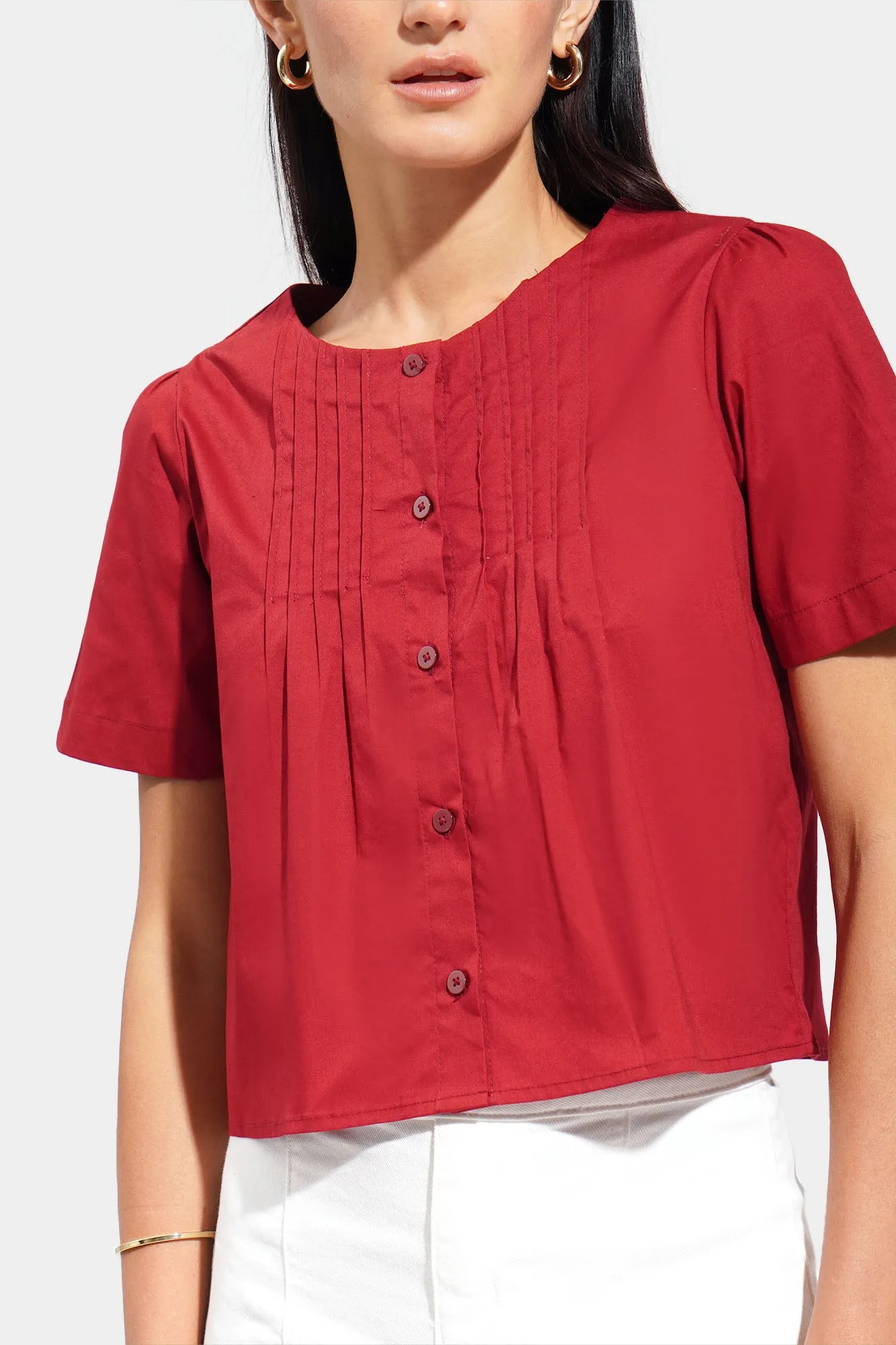 Pleated Round Neck Button Down Top