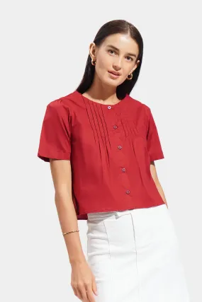 Pleated Round Neck Button Down Top