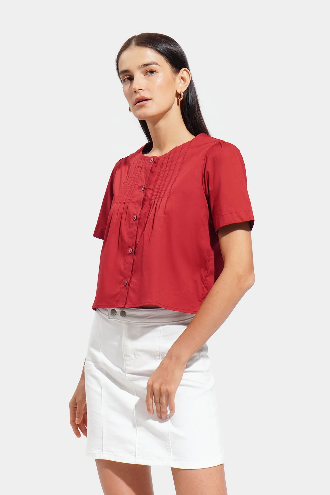 Pleated Round Neck Button Down Top