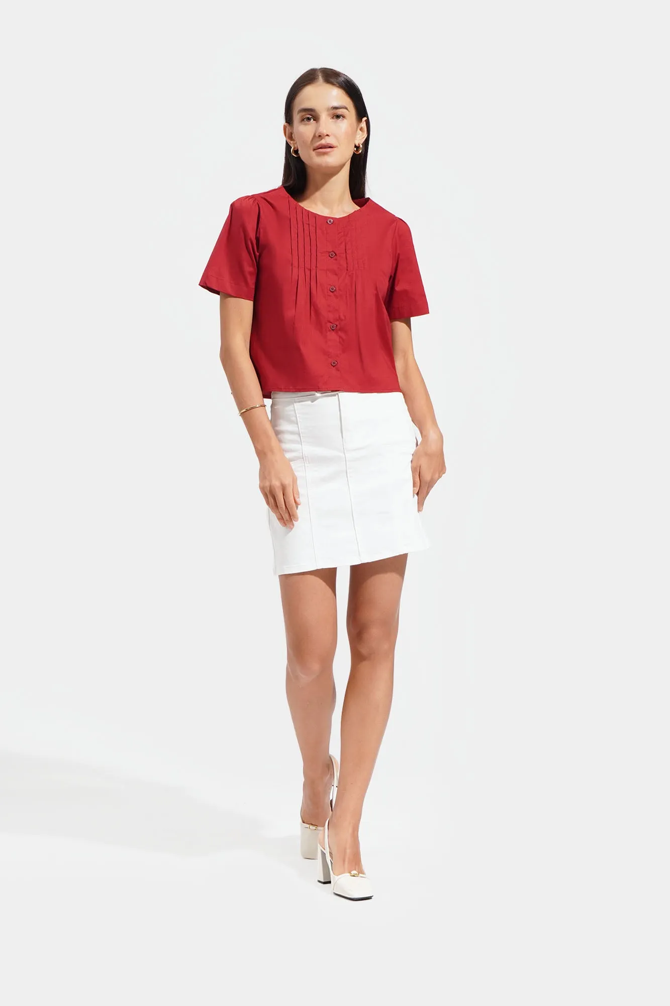 Pleated Round Neck Button Down Top