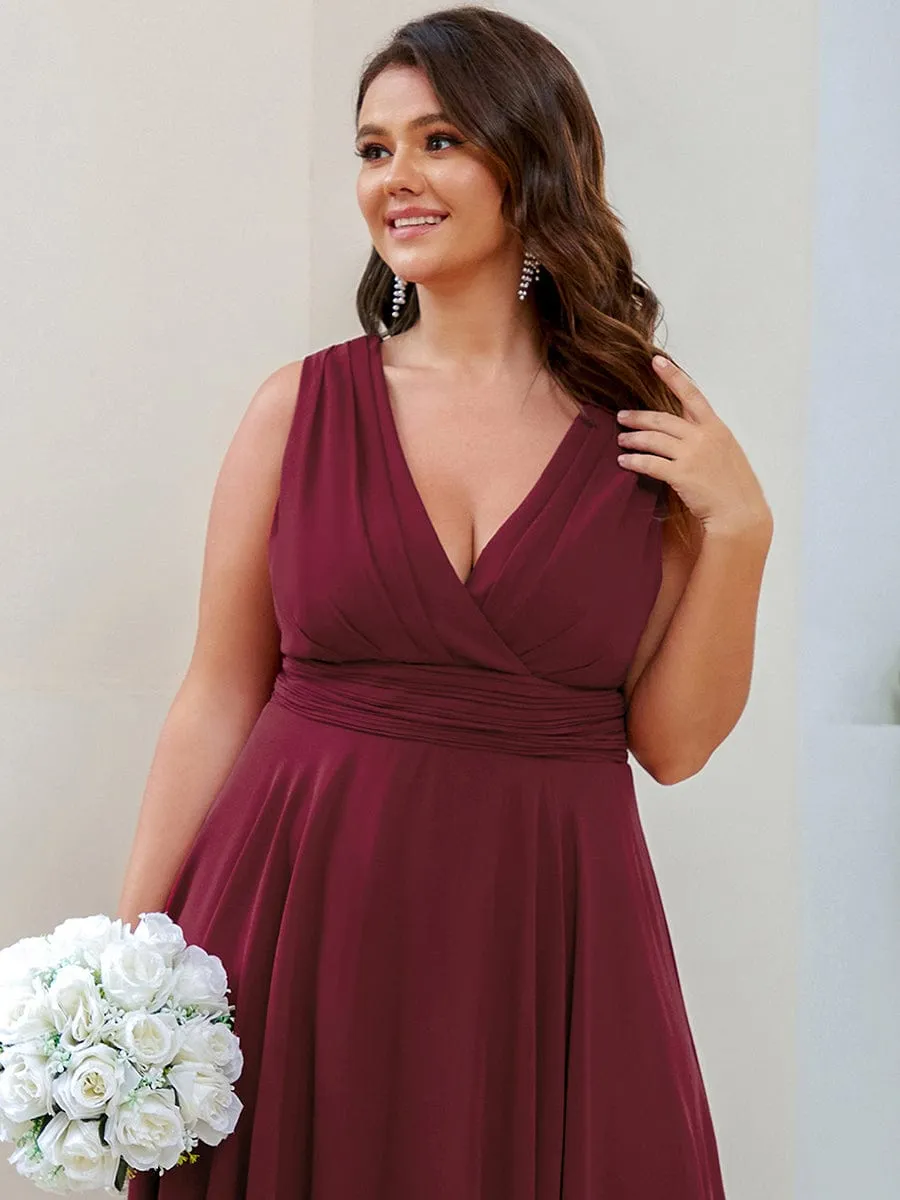 Plus Size Double V Neck Ruched-Waist Midi Chiffon Bridesmaid Dress