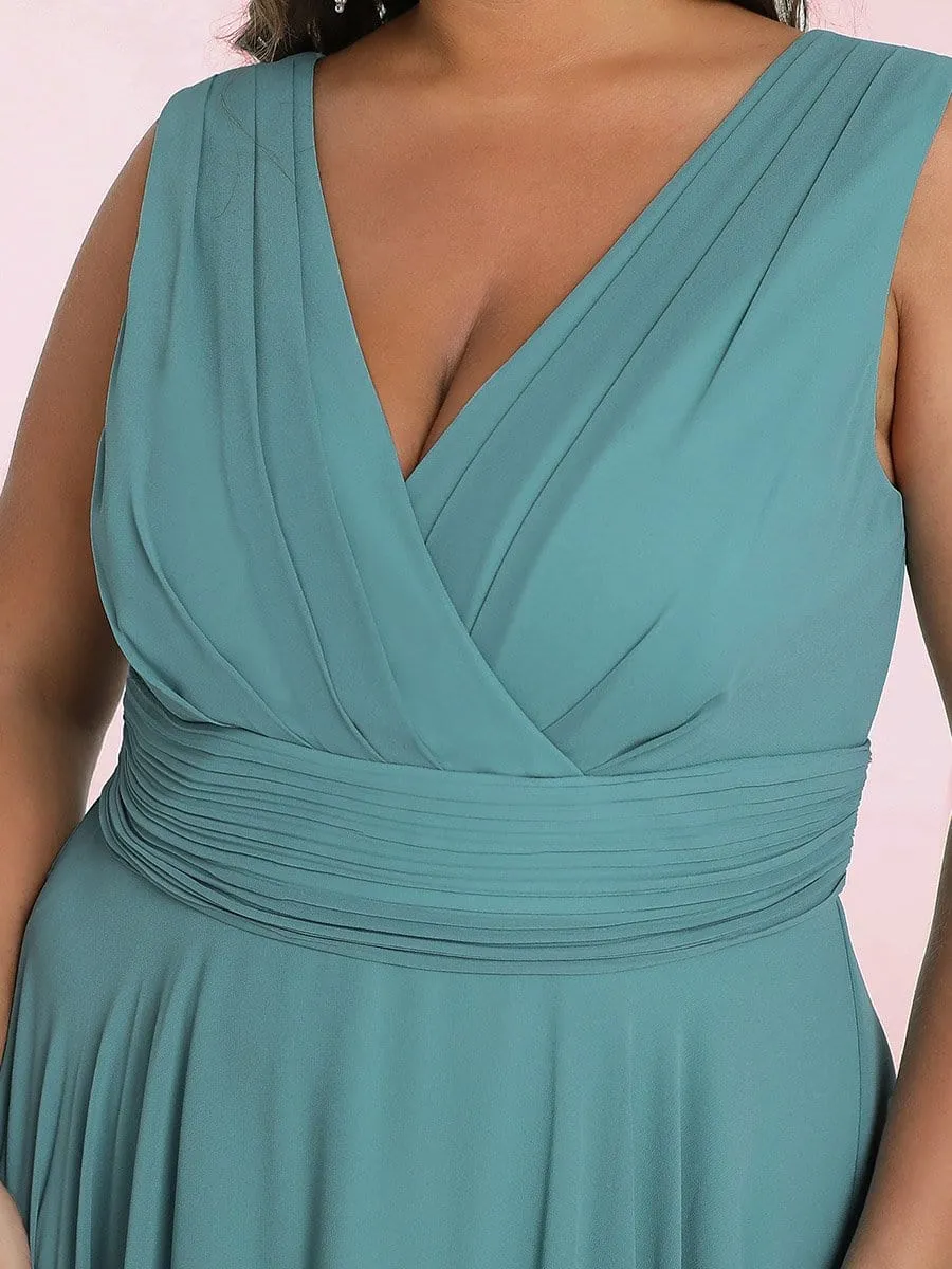 Plus Size Double V Neck Ruched-Waist Midi Chiffon Bridesmaid Dress