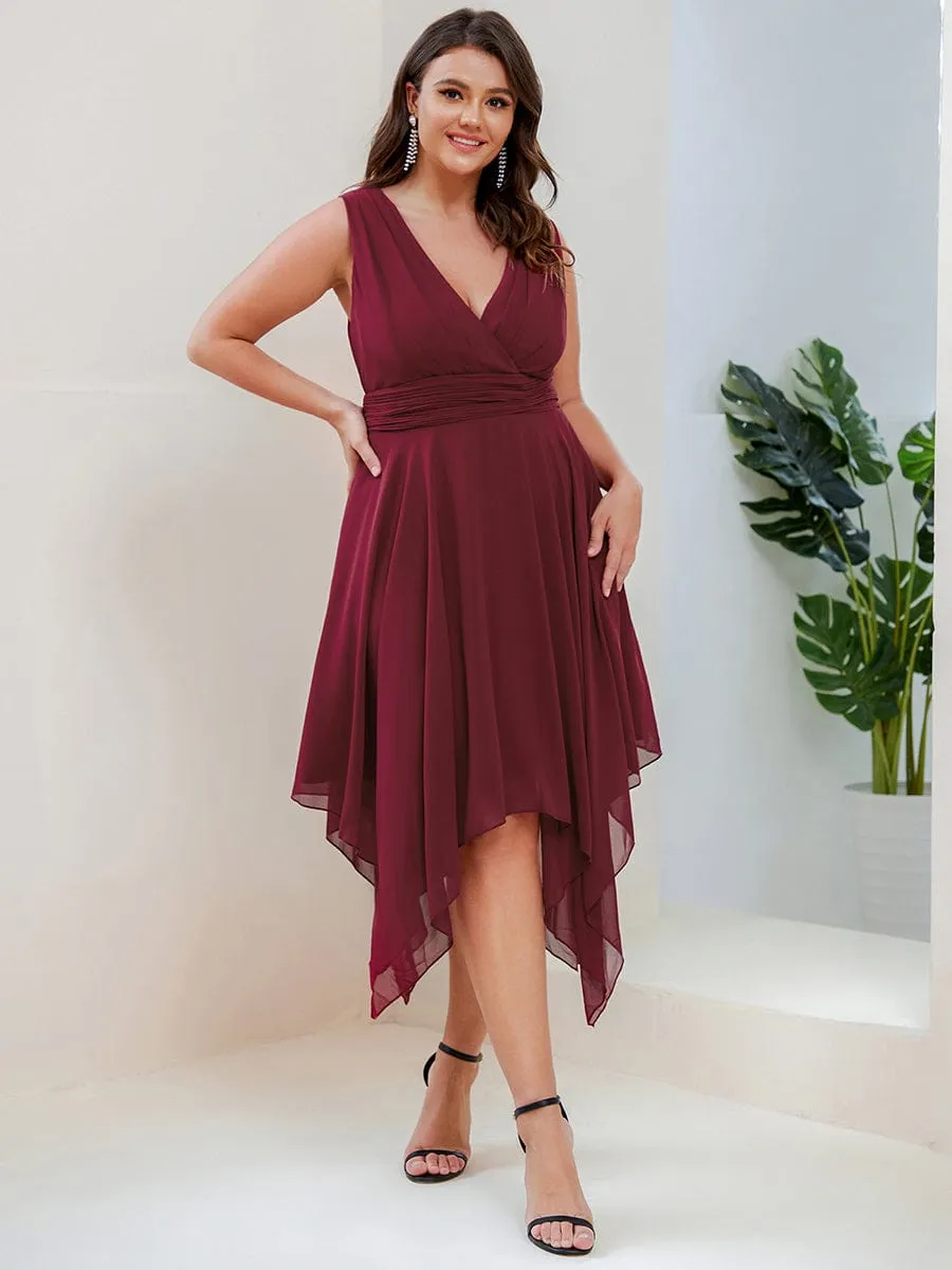 Plus Size Double V Neck Ruched-Waist Midi Chiffon Bridesmaid Dress