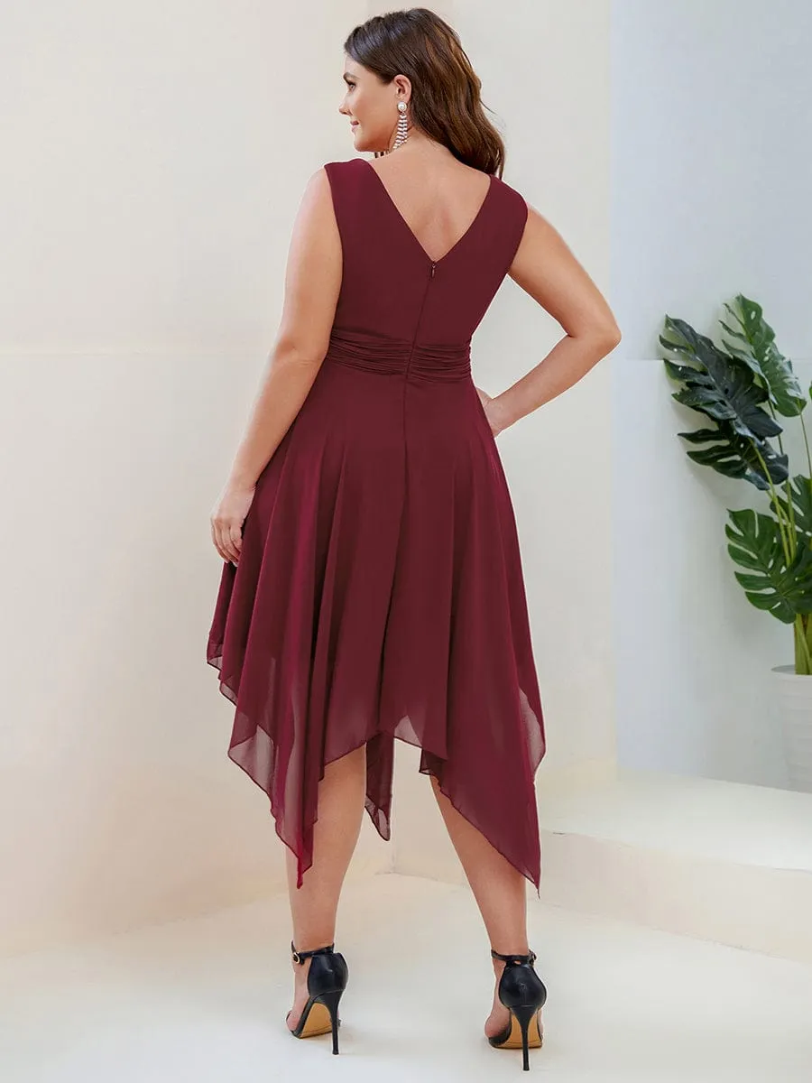 Plus Size Double V Neck Ruched-Waist Midi Chiffon Bridesmaid Dress