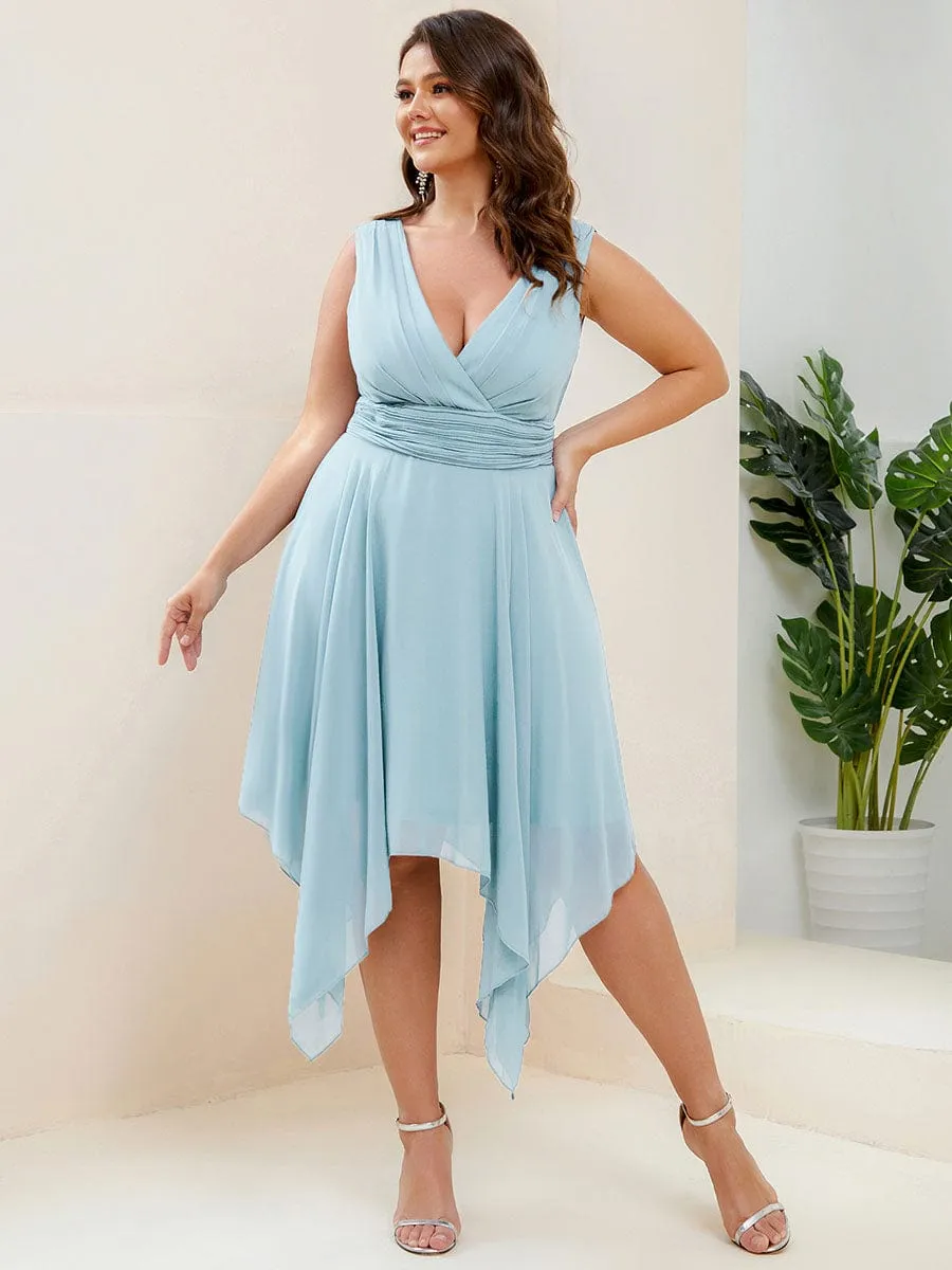 Plus Size Double V Neck Ruched-Waist Midi Chiffon Bridesmaid Dress