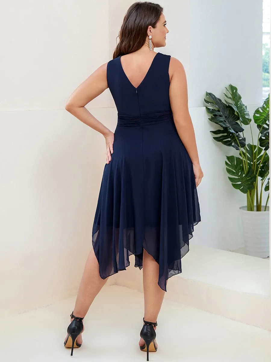 Plus Size Double V Neck Ruched-Waist Midi Chiffon Bridesmaid Dress