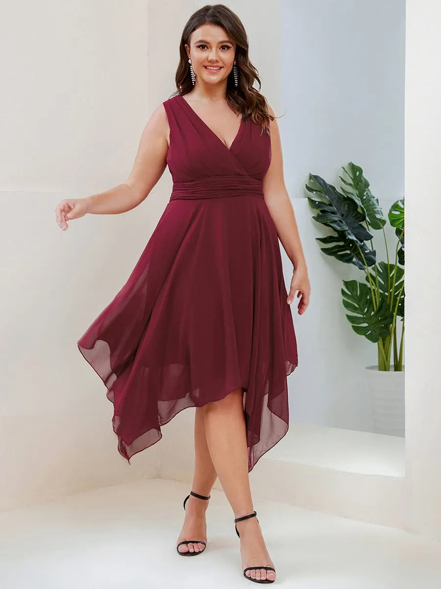 Plus Size Double V Neck Ruched-Waist Midi Chiffon Bridesmaid Dress