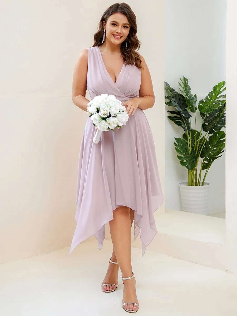 Plus Size Double V Neck Ruched-Waist Midi Chiffon Bridesmaid Dress