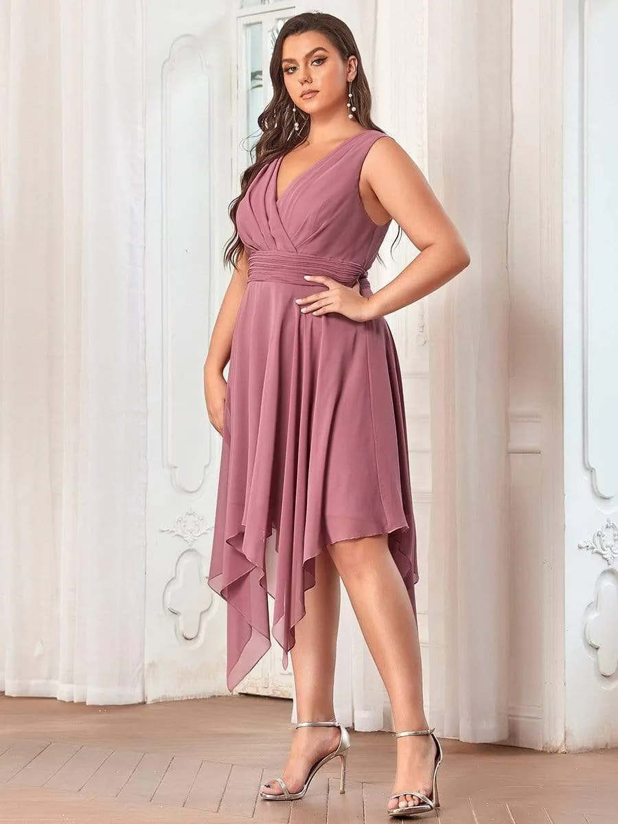 Plus Size Double V Neck Ruched-Waist Midi Chiffon Bridesmaid Dress