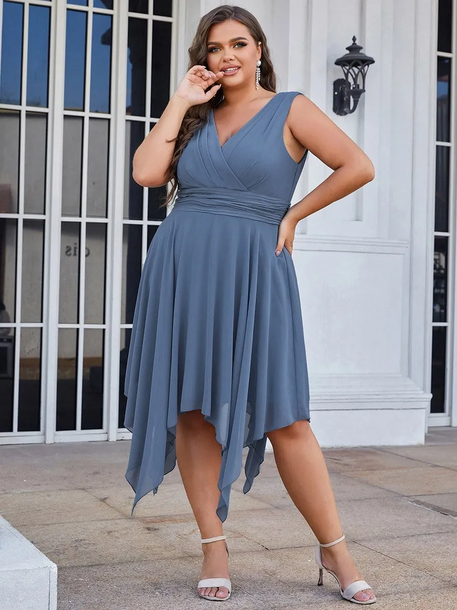 Plus Size Double V Neck Ruched-Waist Midi Chiffon Bridesmaid Dress