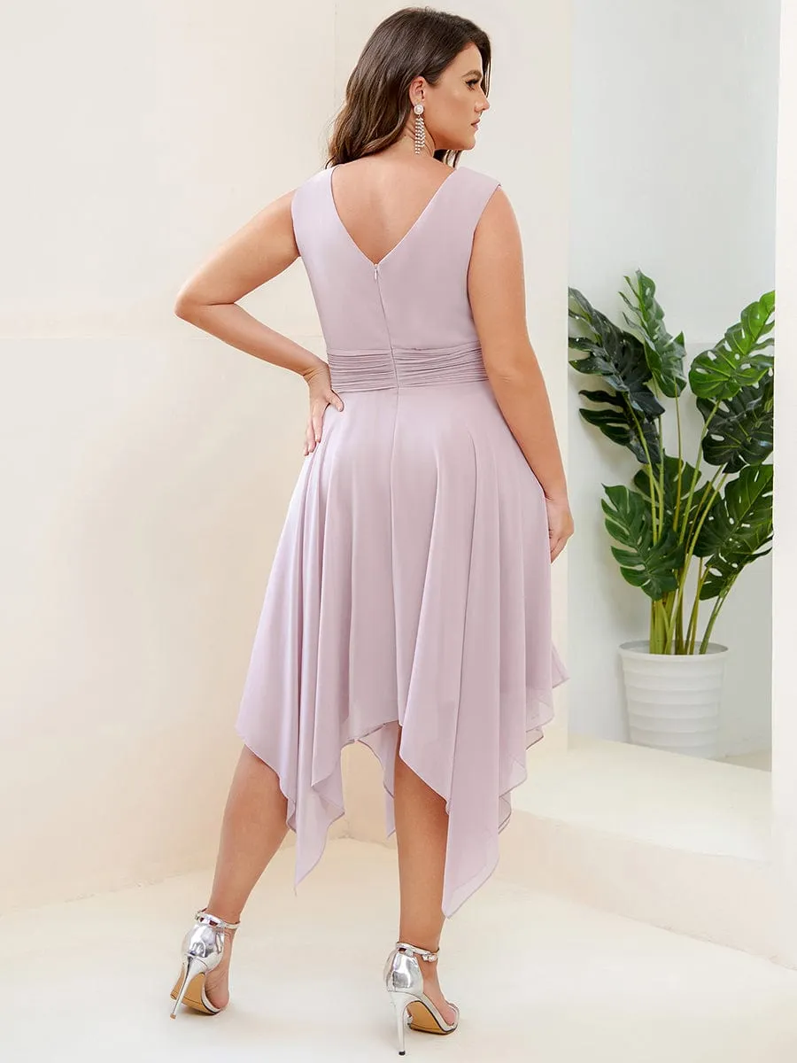 Plus Size Double V Neck Ruched-Waist Midi Chiffon Bridesmaid Dress