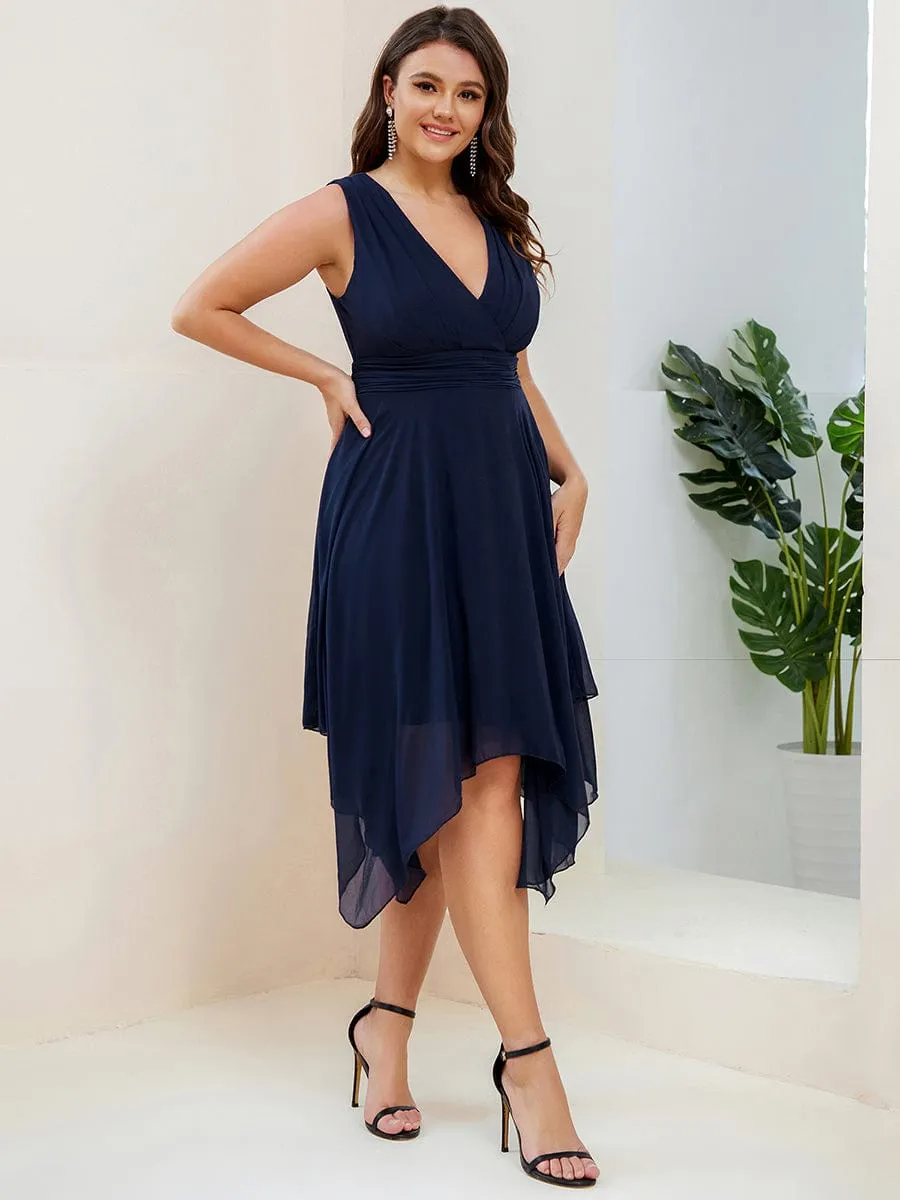 Plus Size Double V Neck Ruched-Waist Midi Chiffon Bridesmaid Dress