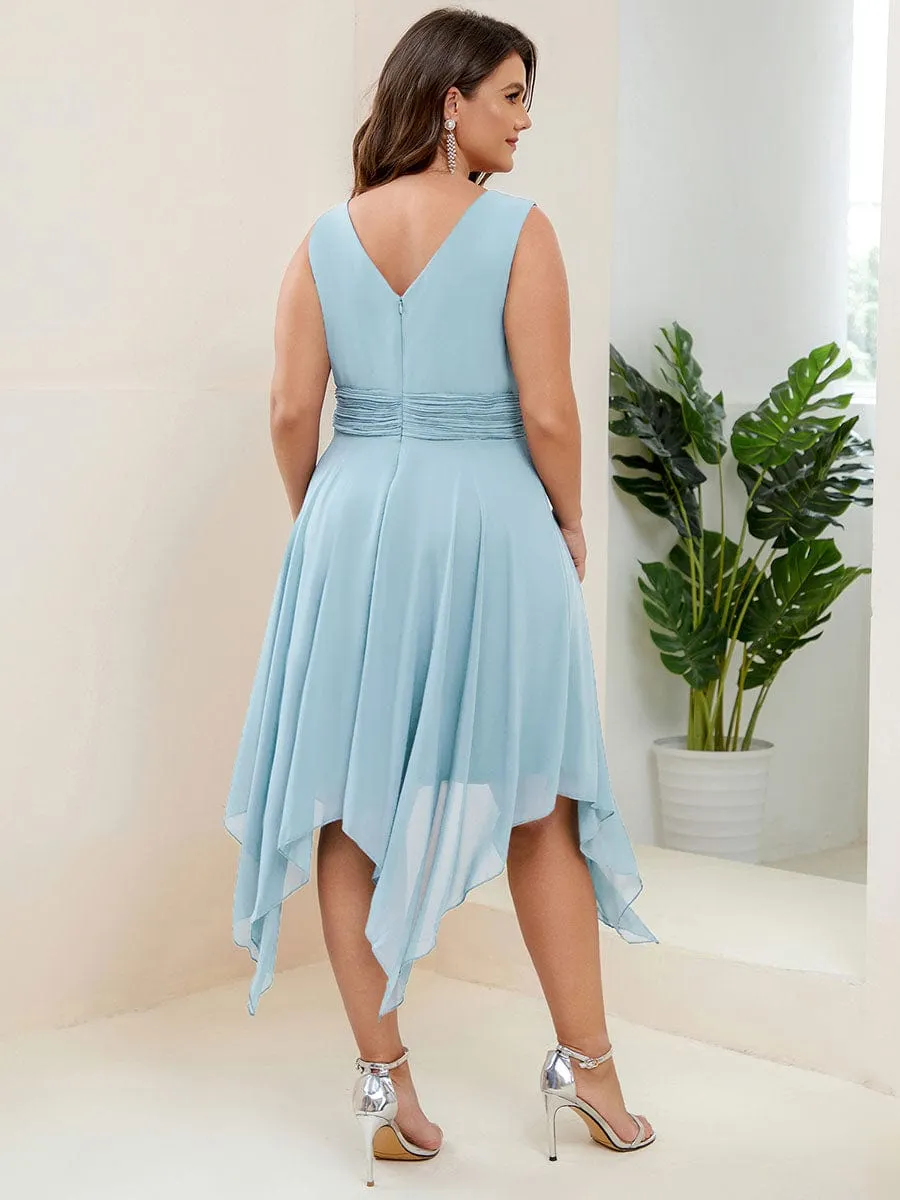 Plus Size Double V Neck Ruched-Waist Midi Chiffon Bridesmaid Dress