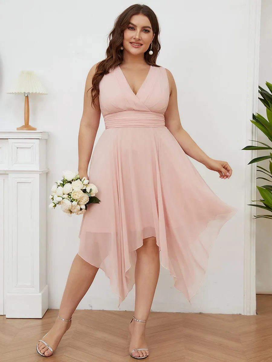 Plus Size Double V Neck Ruched-Waist Midi Chiffon Bridesmaid Dress