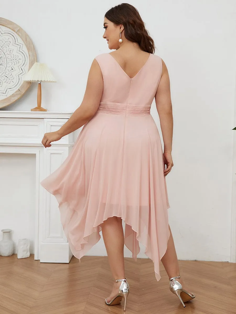 Plus Size Double V Neck Ruched-Waist Midi Chiffon Bridesmaid Dress