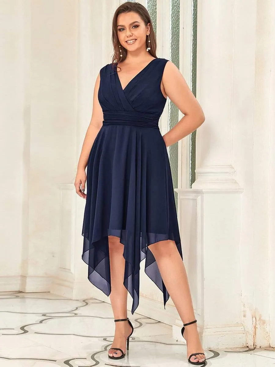 Plus Size Double V Neck Ruched-Waist Midi Chiffon Bridesmaid Dress