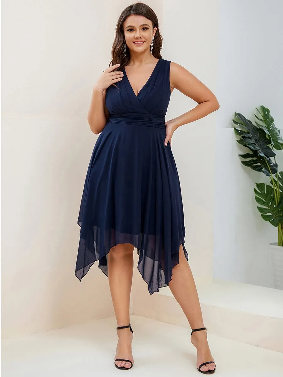 Plus Size Double V Neck Ruched-Waist Midi Chiffon Bridesmaid Dress