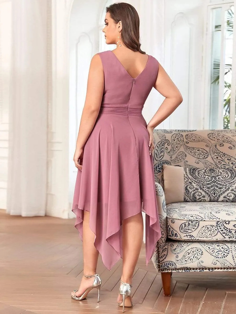 Plus Size Double V Neck Ruched-Waist Midi Chiffon Bridesmaid Dress