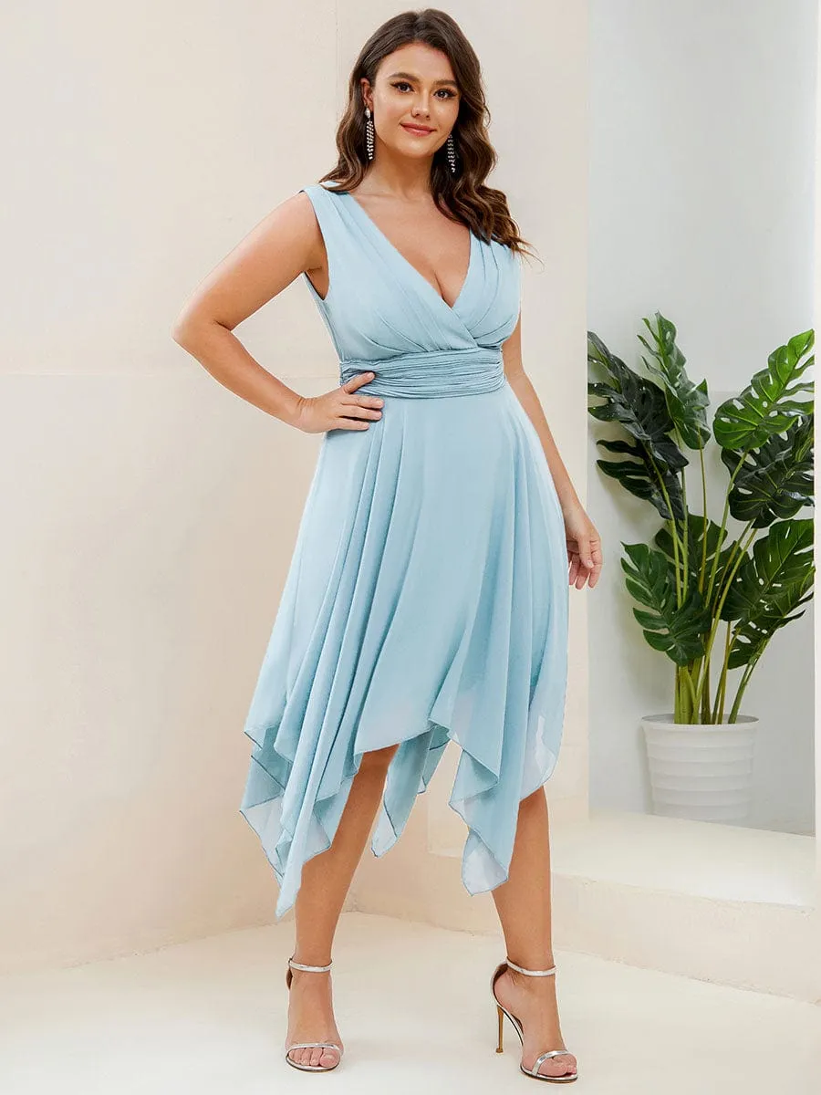 Plus Size Double V Neck Ruched-Waist Midi Chiffon Bridesmaid Dress