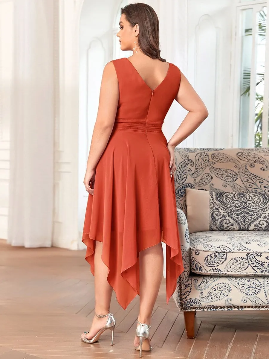 Plus Size Double V Neck Ruched-Waist Midi Chiffon Bridesmaid Dress